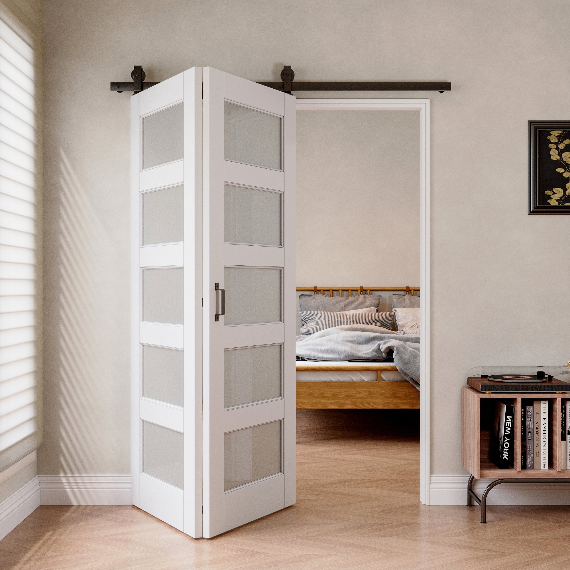 [Paintable] 5-Lite Tempered Frosted Glass Bifold Sliding Barn Door, Prefinished & Paintable Surface,with Hardware Kit