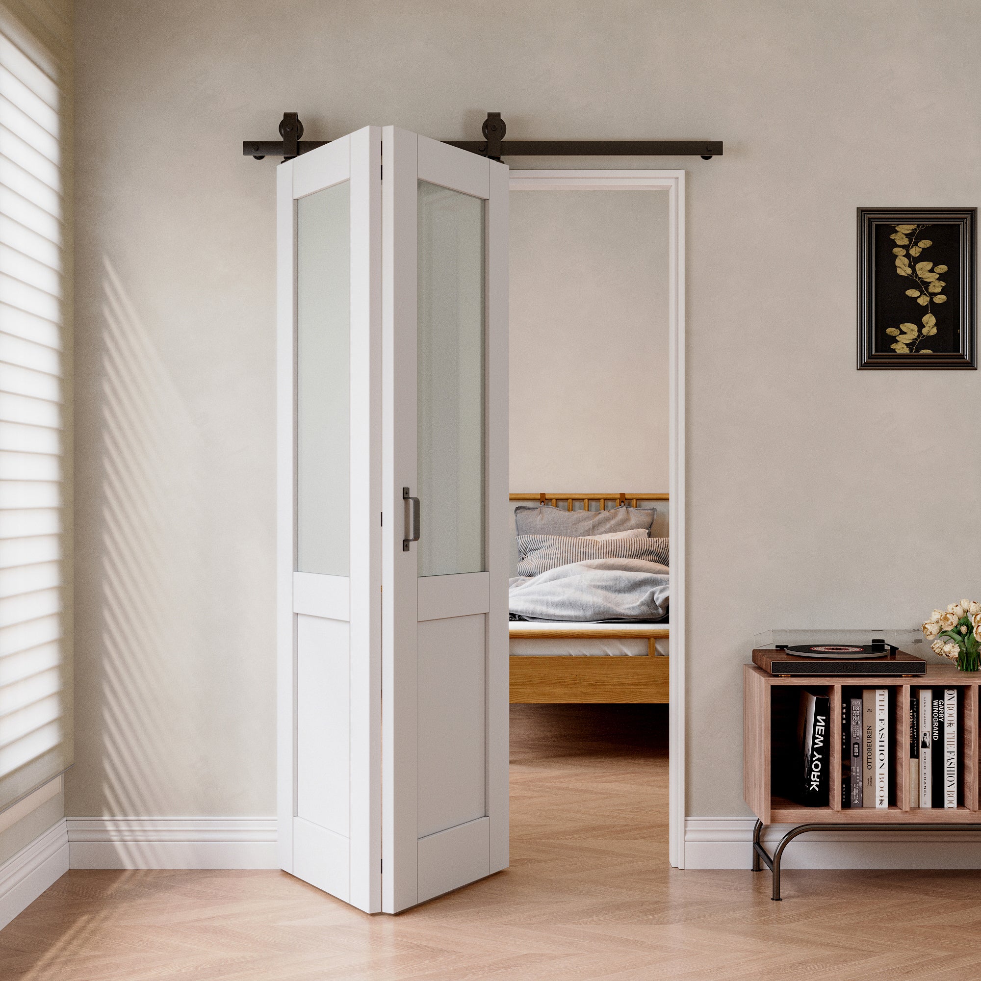 [Paintable] Half Lite Tempered Frosted Glass  Bifold Sliding Barn Door, Prefinished & Paintable Surface with Hardware Kit