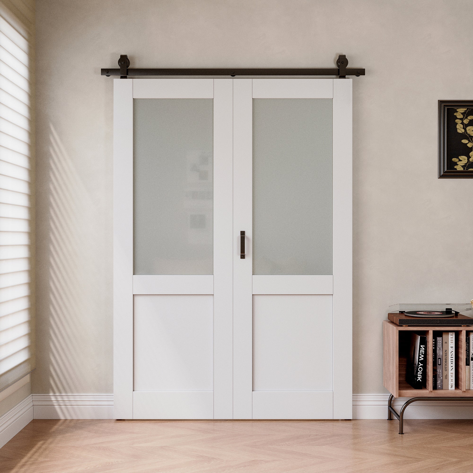 [Paintable] Half Lite Tempered Frosted Glass  Bifold Sliding Barn Door, Prefinished & Paintable Surface with Hardware Kit