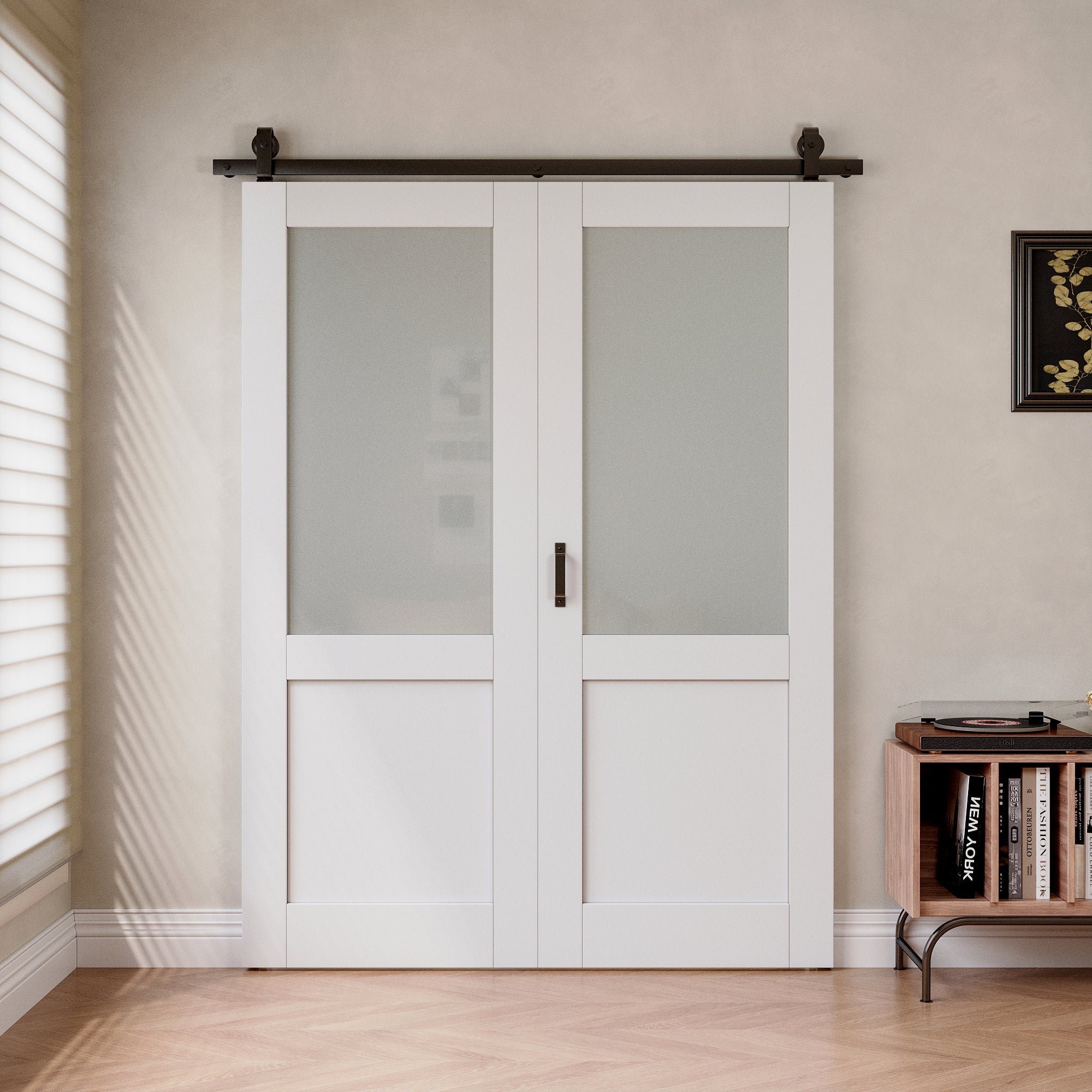 [Paintable] Half Lite Tempered Frosted Glass  Bifold Sliding Barn Door, Prefinished & Paintable Surface with Hardware Kit