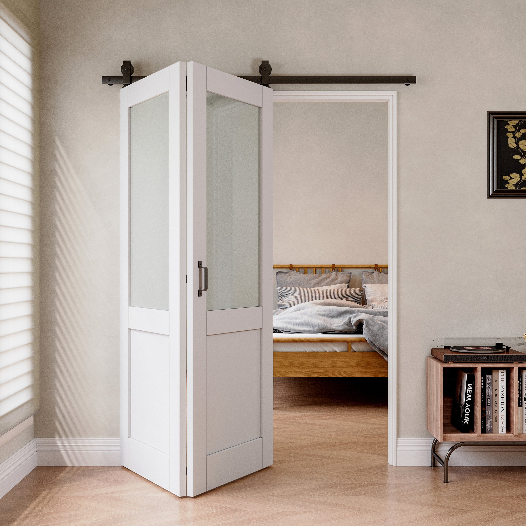 [Paintable] Half Lite Tempered Frosted Glass  Bifold Sliding Barn Door, Prefinished & Paintable Surface with Hardware Kit