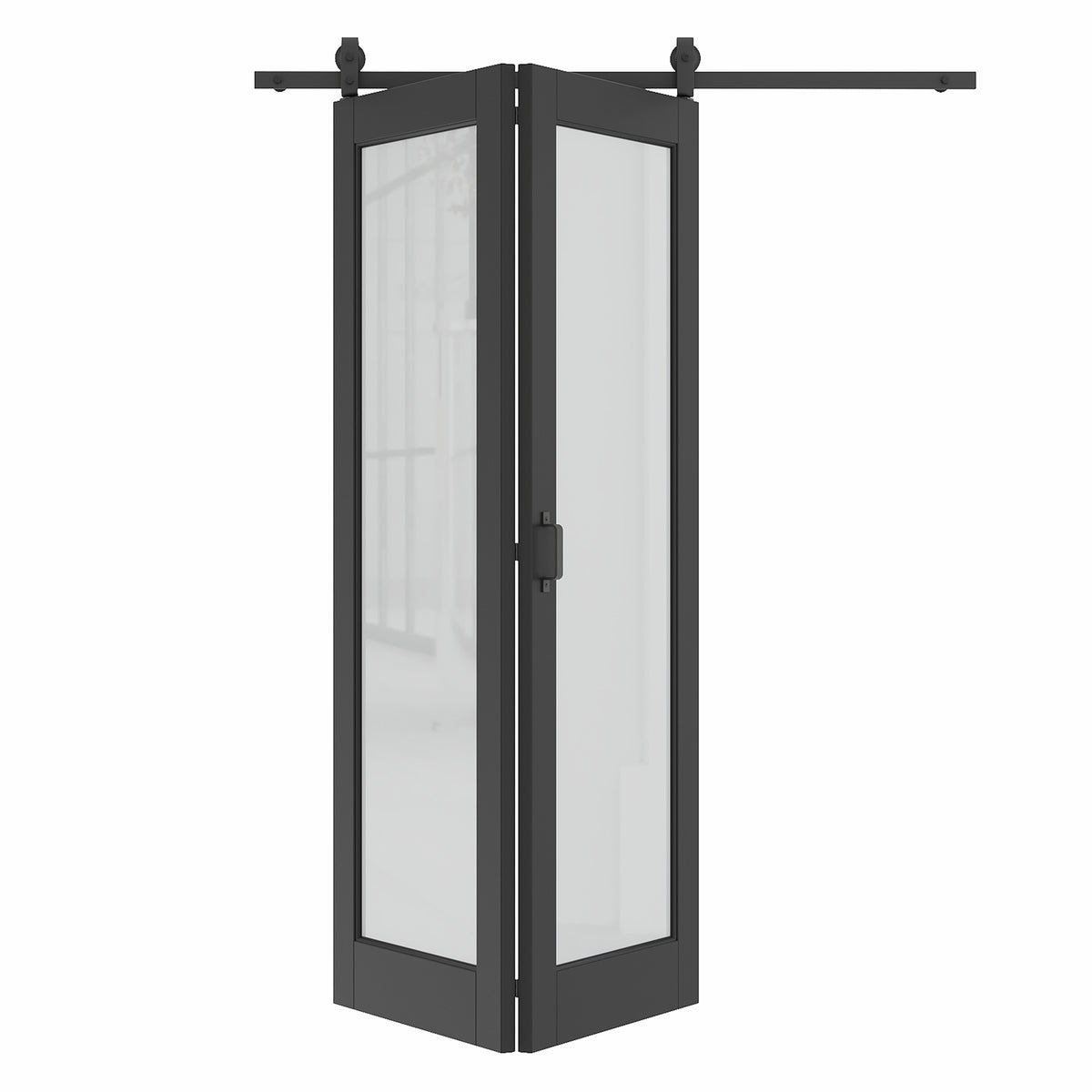 Black 1-Lite Tempered Frosted Glass Bifold Sliding Barn Door, Prefinished & with Hardware Kit