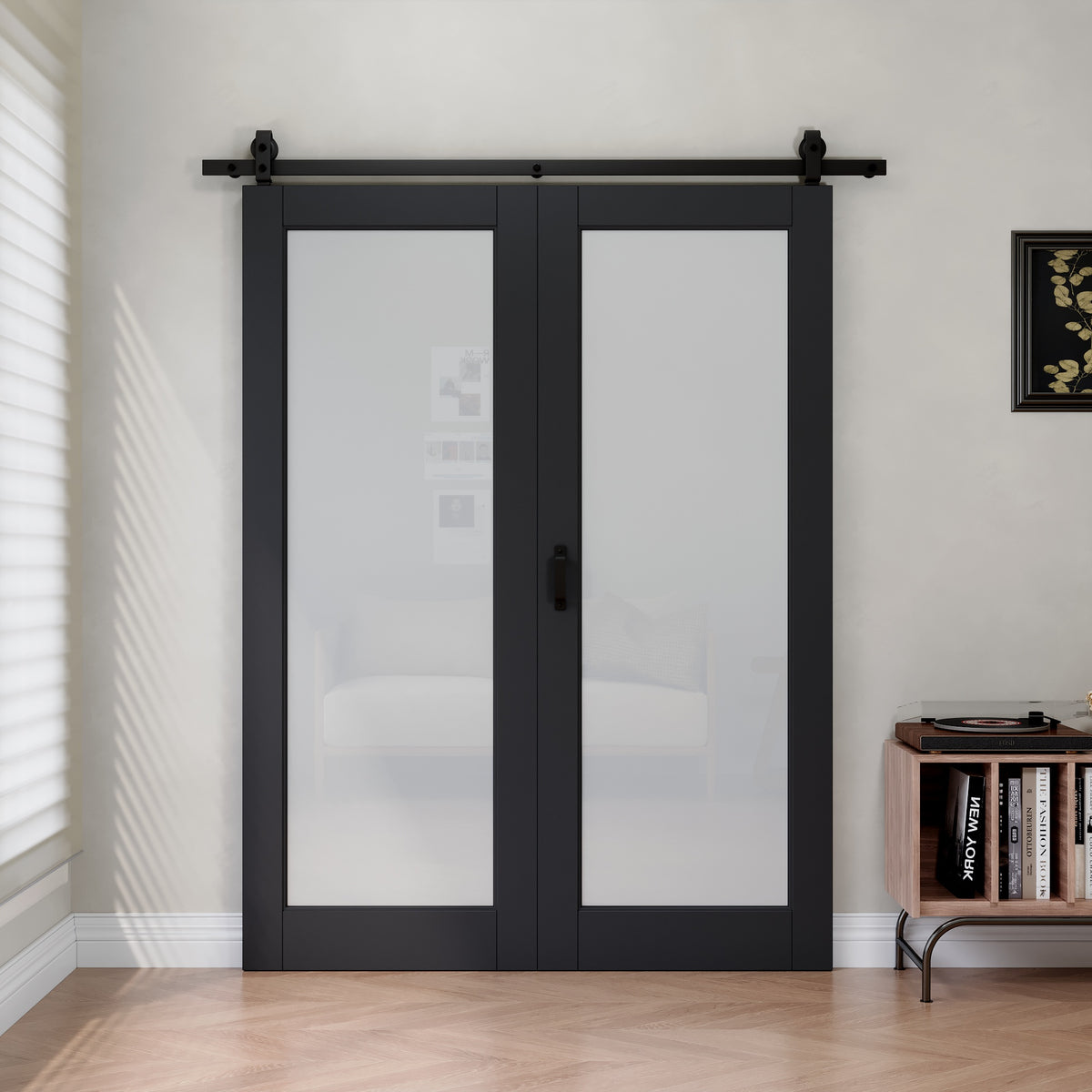 Black 1-Lite Tempered Frosted Glass Bifold Sliding Barn Door, Prefinished & with Hardware Kit