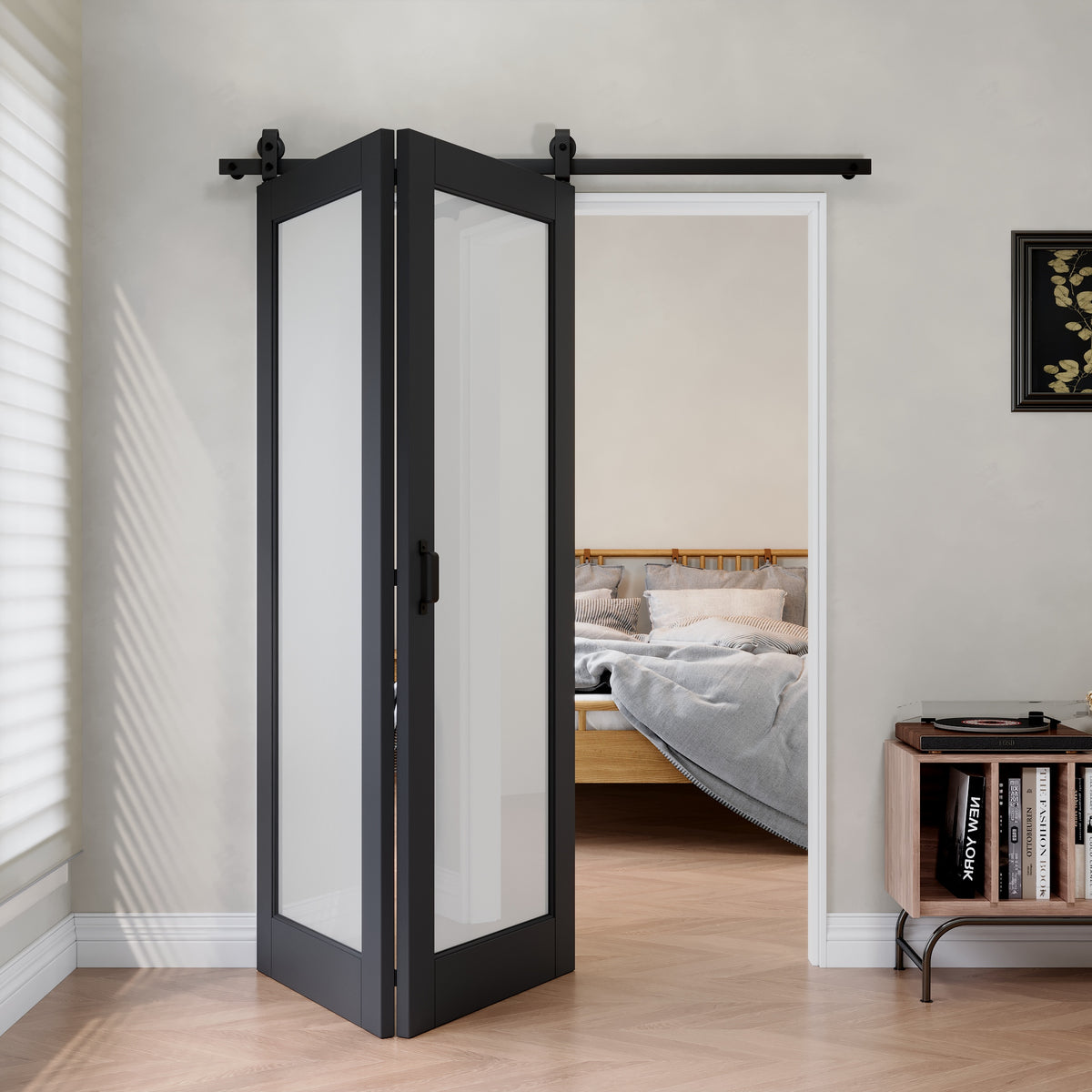 Black 1-Lite Tempered Frosted Glass Bifold Sliding Barn Door, Prefinished & with Hardware Kit