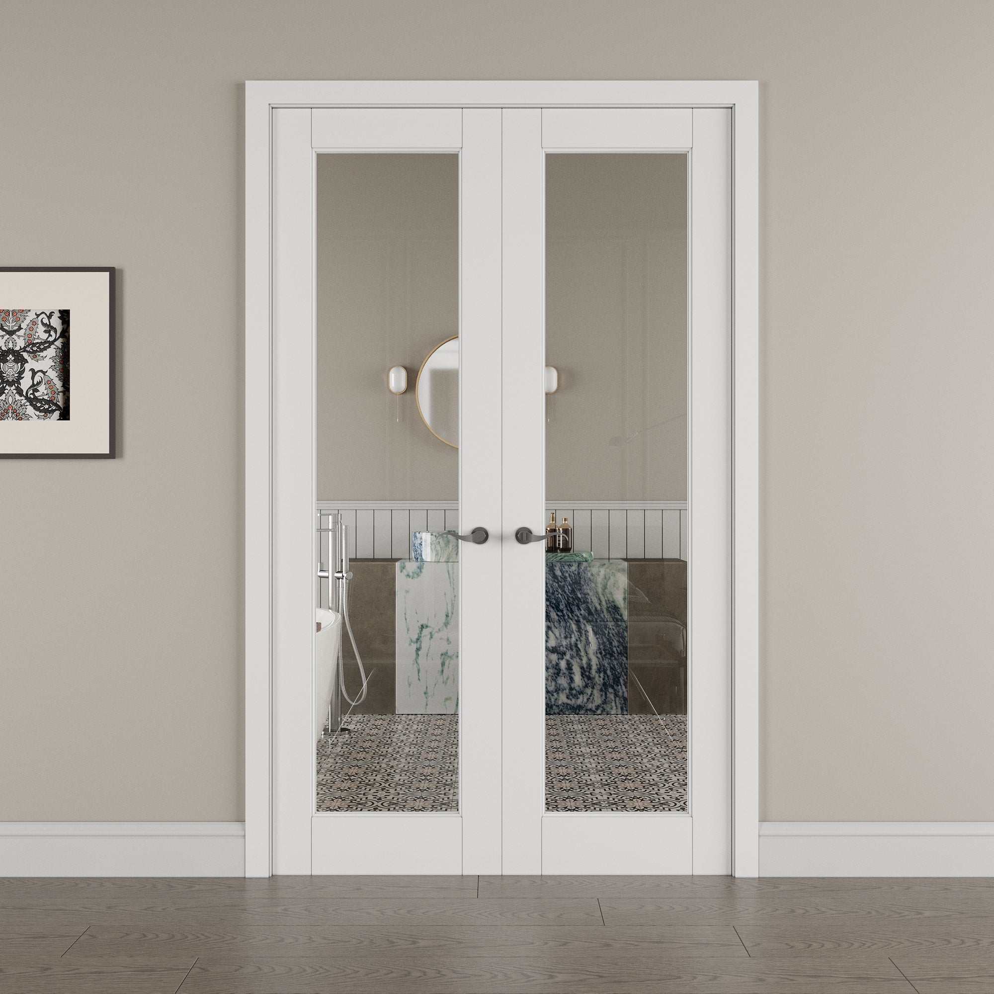 1-Lite Clear Glass White Solid Core Double Prehung French Door with ...