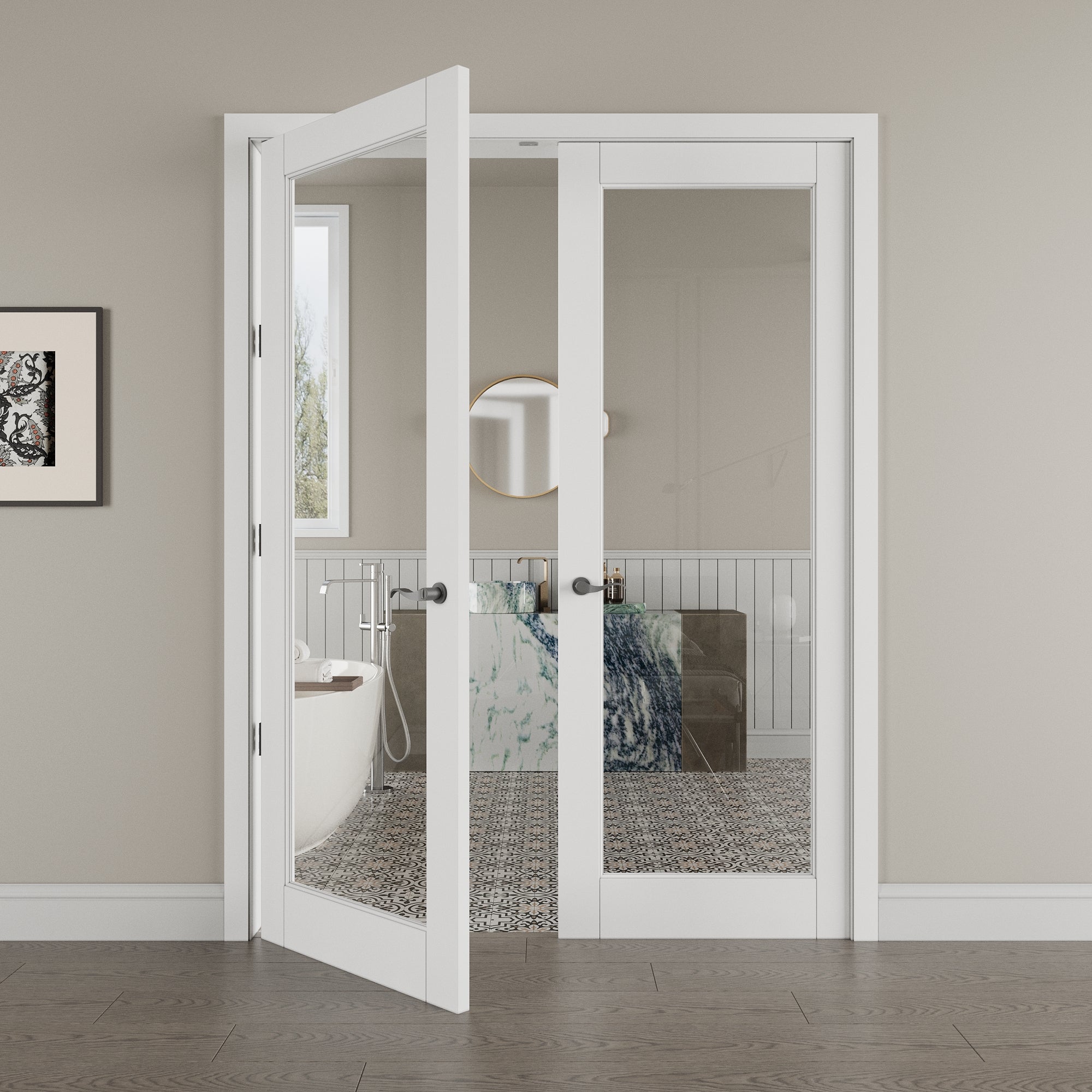 Ark Design 1-Lite Clear Glass White Solid Core Double Prehung French Door with Ready-to-Assemble Jamb