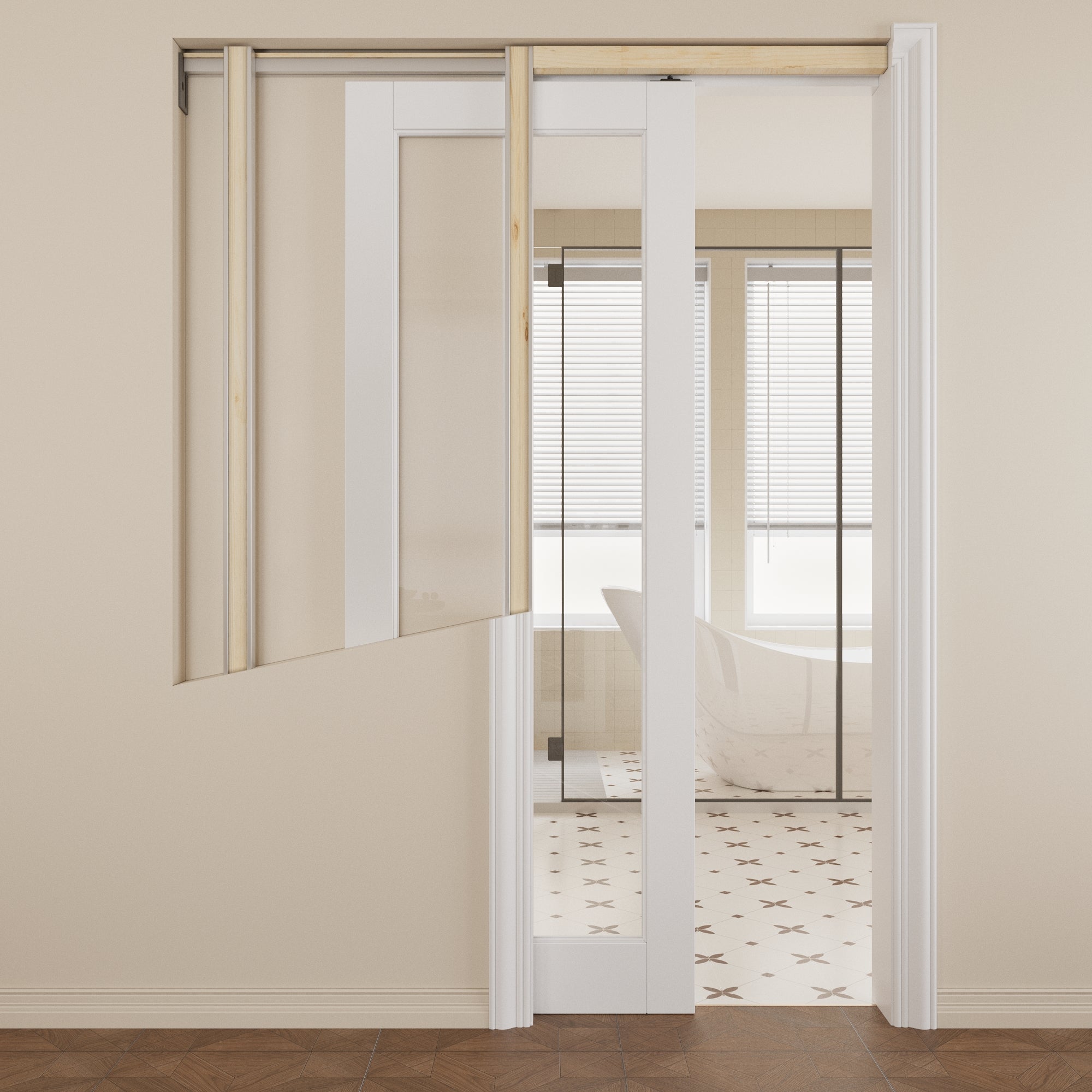 Ark Design 1-Lite Clear Glass Pocket Door with Hardware Kit & Soft Close & Frame, MDF Wood & Paint-grade Finished, White