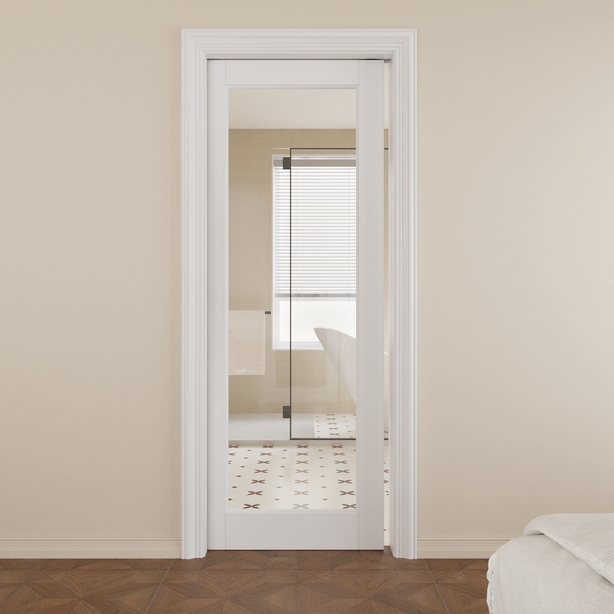 Ark Design 1-Lite Clear Glass Pocket Door with Hardware Kit & Soft Close & Frame, MDF Wood & Paint-grade Finished, White