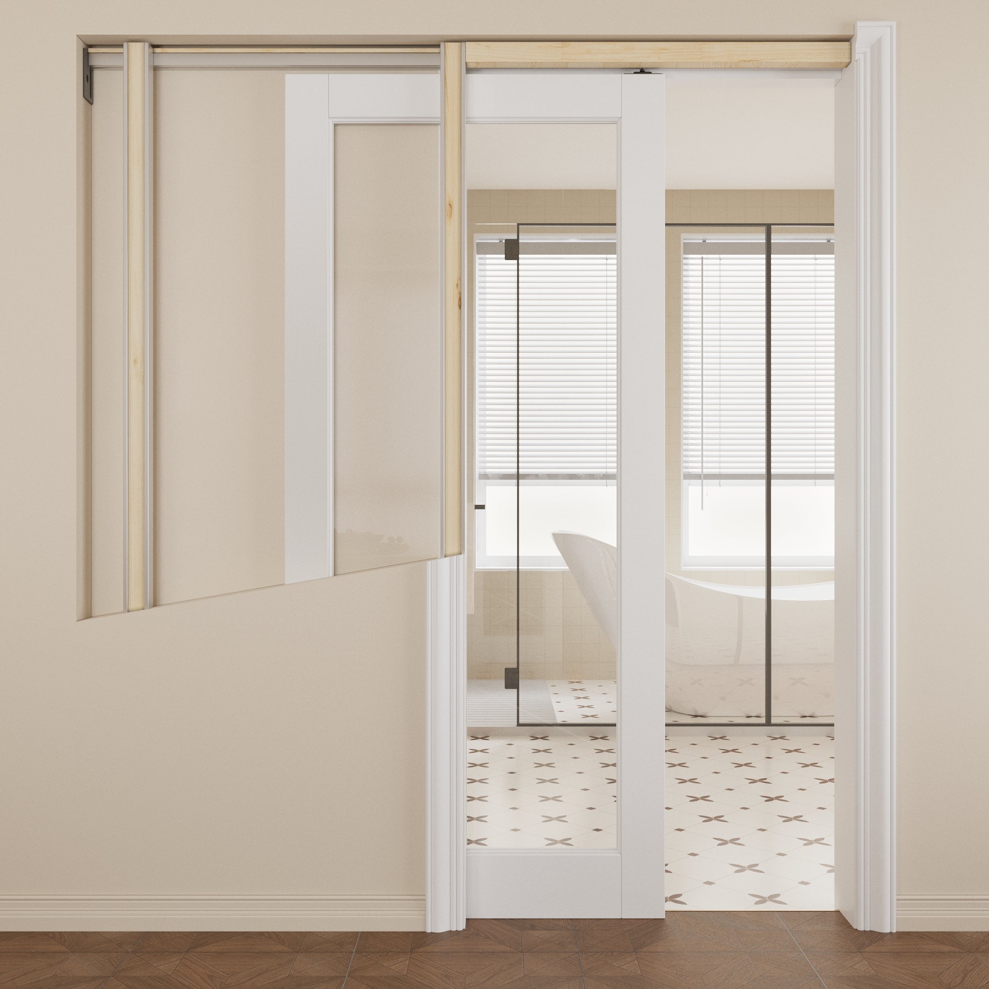 Ark Design 1-Lite Clear Glass Pocket Door with Hardware Kit & Soft Close & Frame, MDF Wood & Paint-grade Finished, White