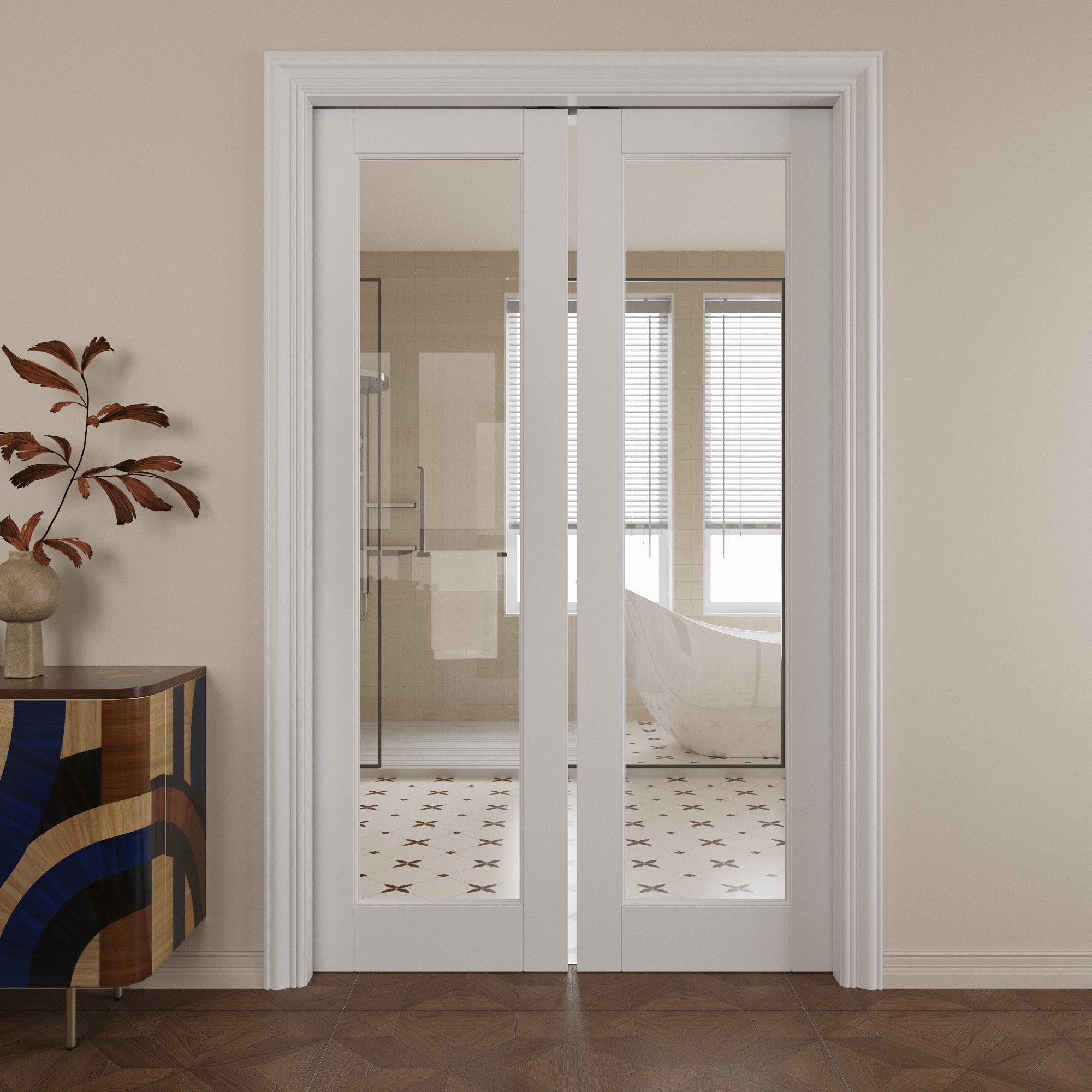 Ark Design 1-Lite Clear Glass Pocket Door with Hardware Kit & Soft Close & Frame, MDF Wood & Paint-grade Finished, White