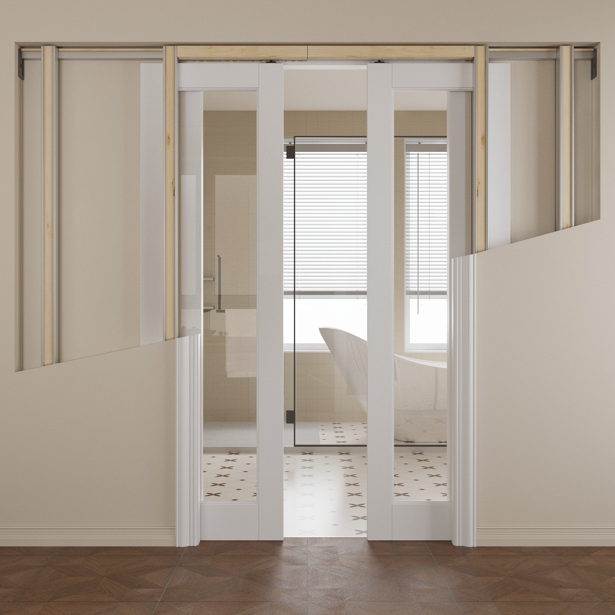 Ark Design 1-Lite Clear Glass Pocket Door with Hardware Kit & Soft Close & Frame, MDF Wood & Paint-grade Finished, White