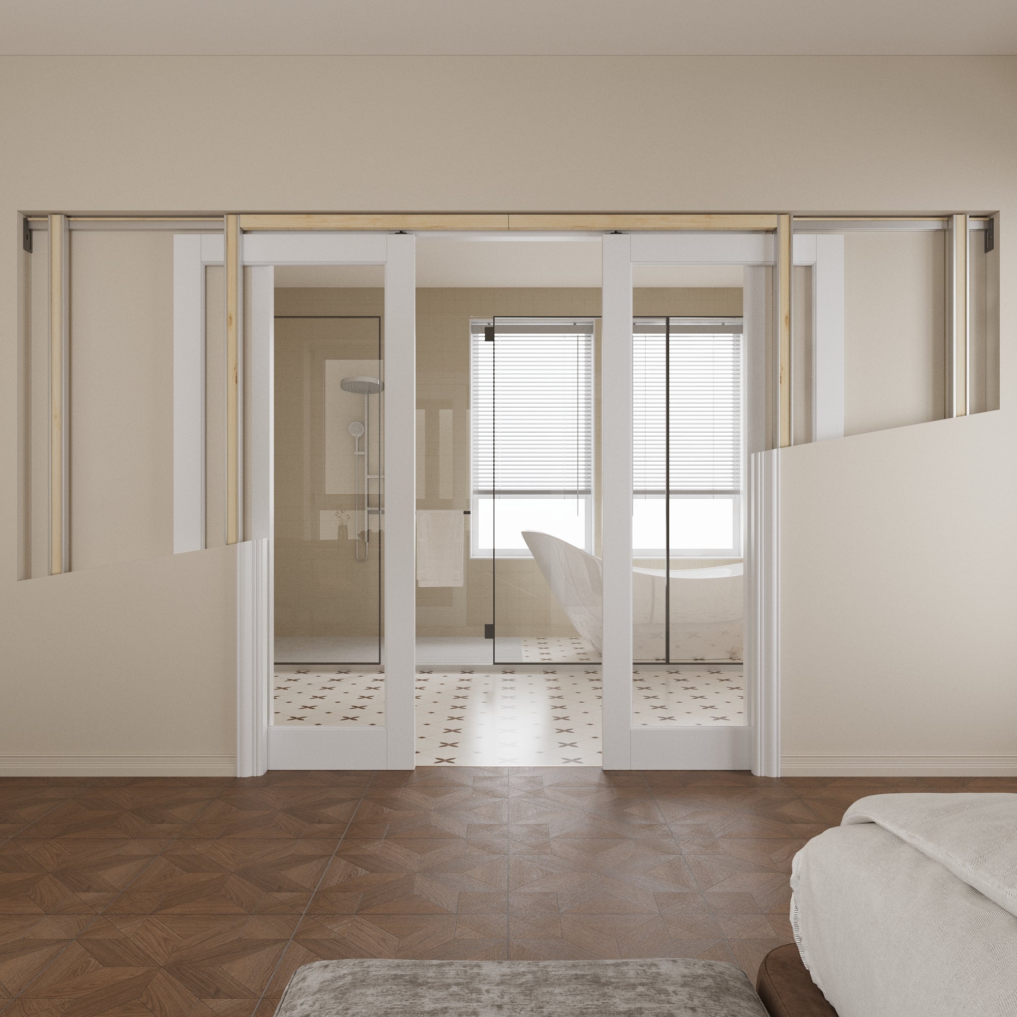 Ark Design 1-Lite Clear Glass Pocket Door with Hardware Kit & Soft Close & Frame, MDF Wood & Paint-grade Finished, White