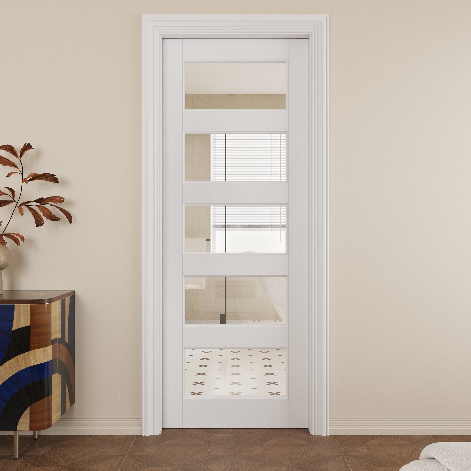 Ark Design 5-Lite Clear Glass Pocket Door with Hardware Kit & Soft Close & Frame, MDF Wood & Paint-grade Finished, White