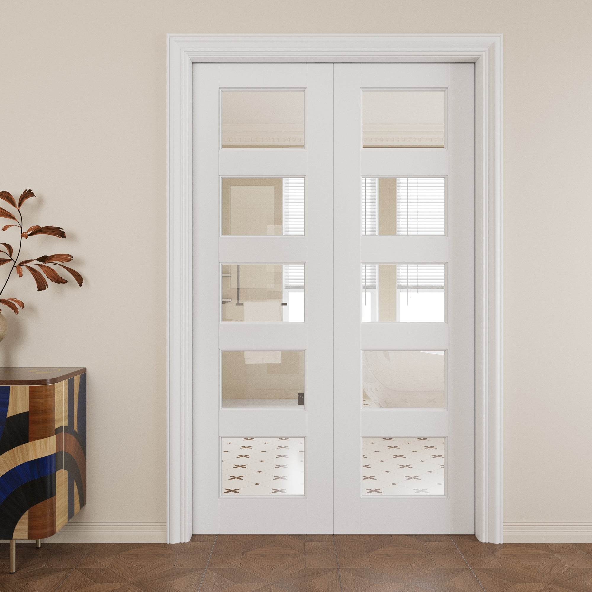 Ark Design 5-Lite Clear Glass Pocket Door with Hardware Kit & Soft Close & Frame, MDF Wood & Paint-grade Finished, White
