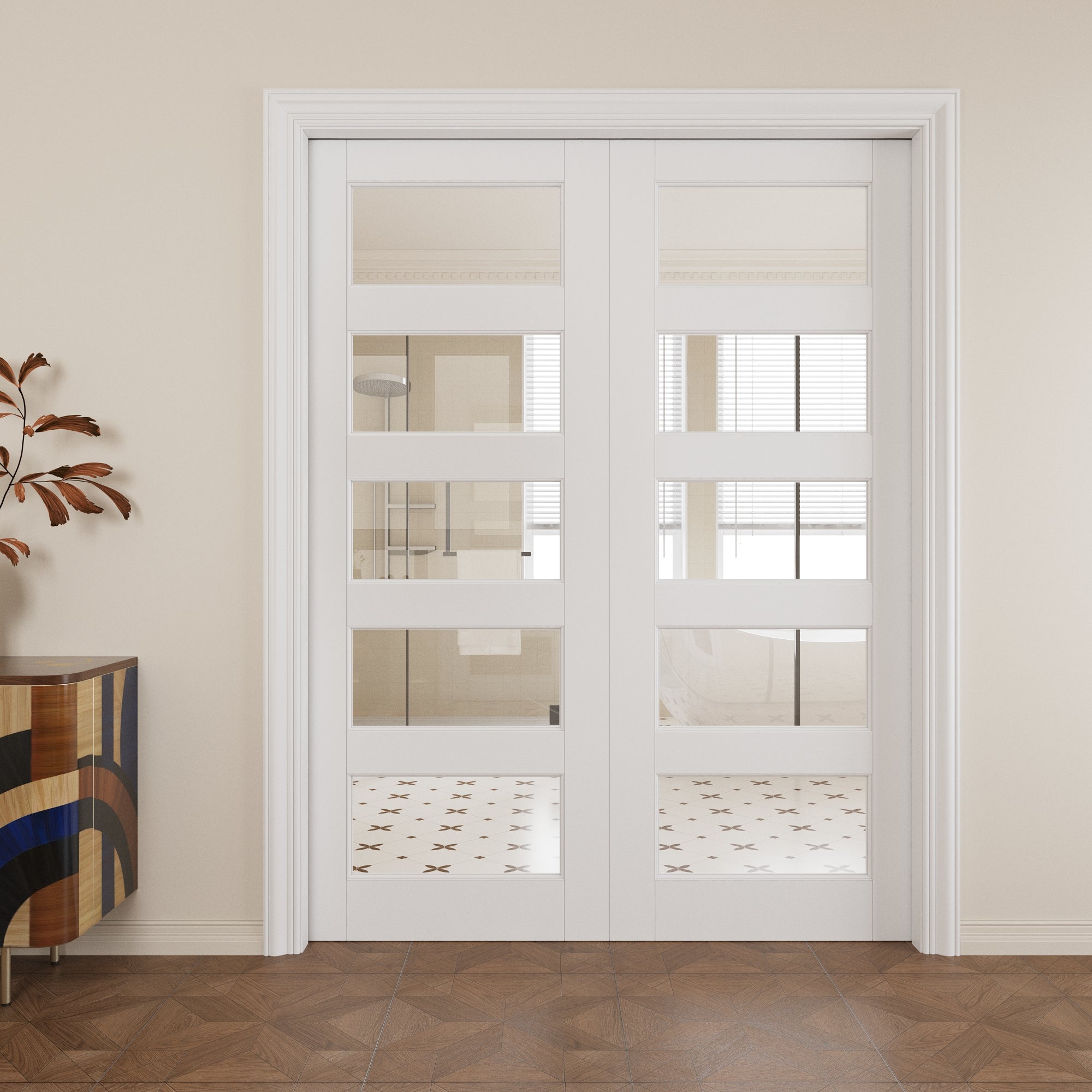 Ark Design 5-Lite Clear Glass Pocket Door with Hardware Kit & Soft Close & Frame, MDF Wood & Paint-grade Finished, White