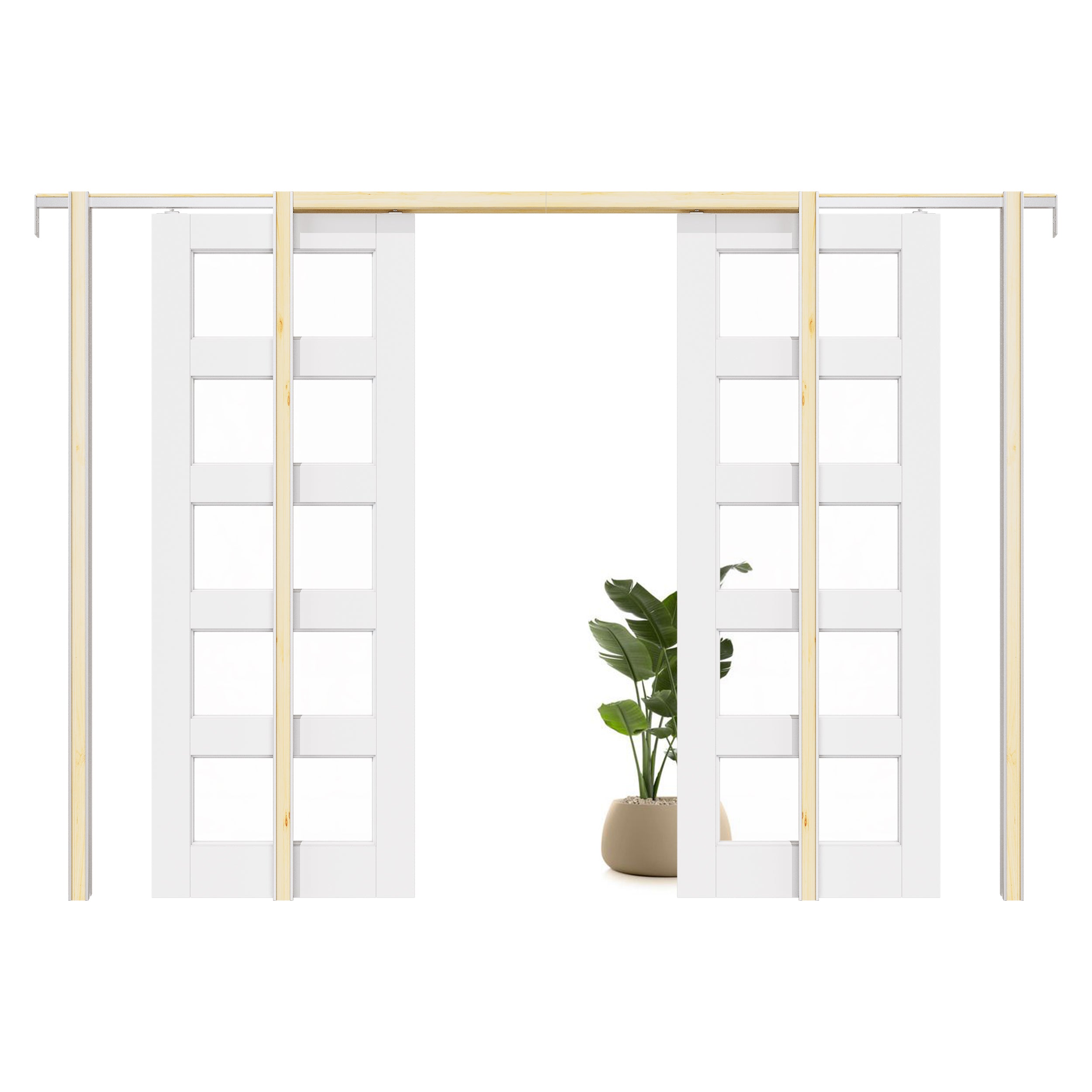 Ark Design 5-Lite Clear Glass Pocket Door with Hardware Kit & Soft Close & Frame, MDF Wood & Paint-grade Finished, White
