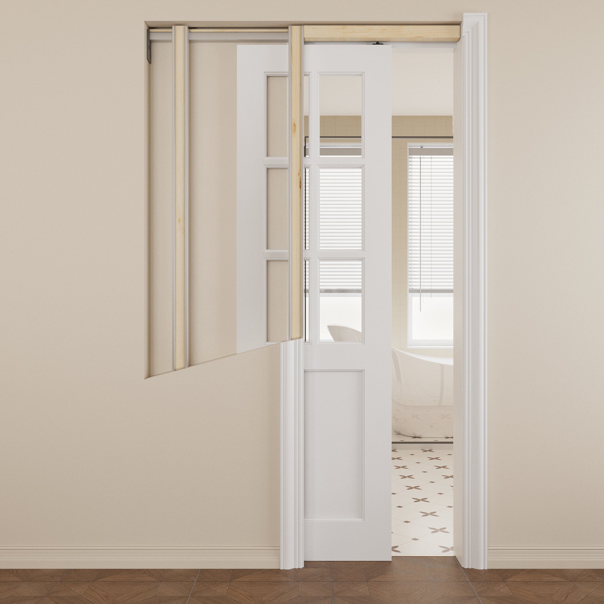 Ark Design 6-Lite Clear Glass Pocket Door with Hardware Kit & Soft Close & Frame, MDF Wood & Paint-grade Finished, White