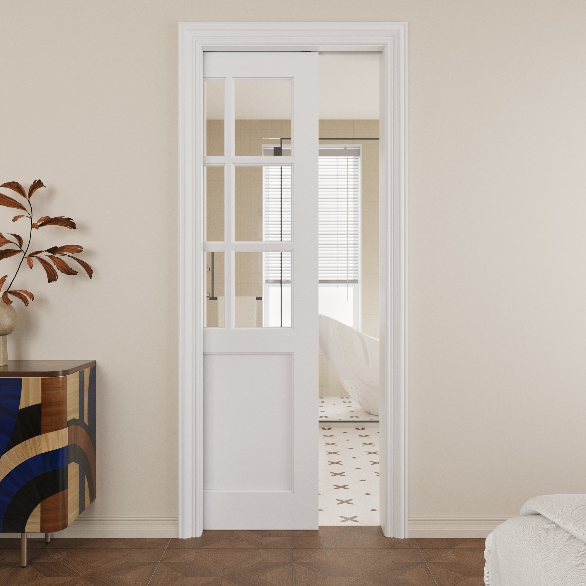 Ark Design 6-Lite Clear Glass Pocket Door with Hardware Kit & Soft Close & Frame, MDF Wood & Paint-grade Finished, White