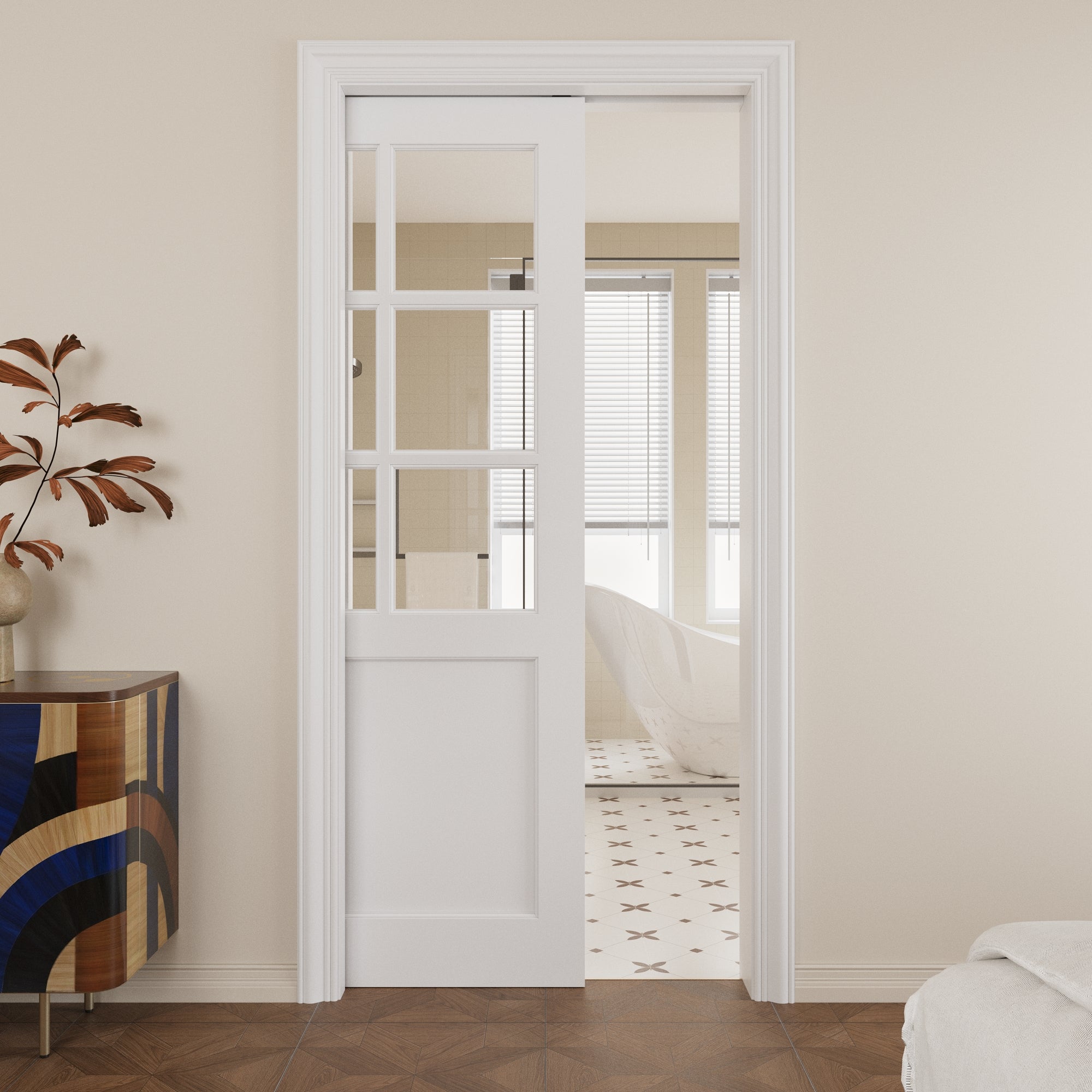 Ark Design 6-Lite Clear Glass Pocket Door with Hardware Kit & Soft Close & Frame, MDF Wood & Paint-grade Finished, White