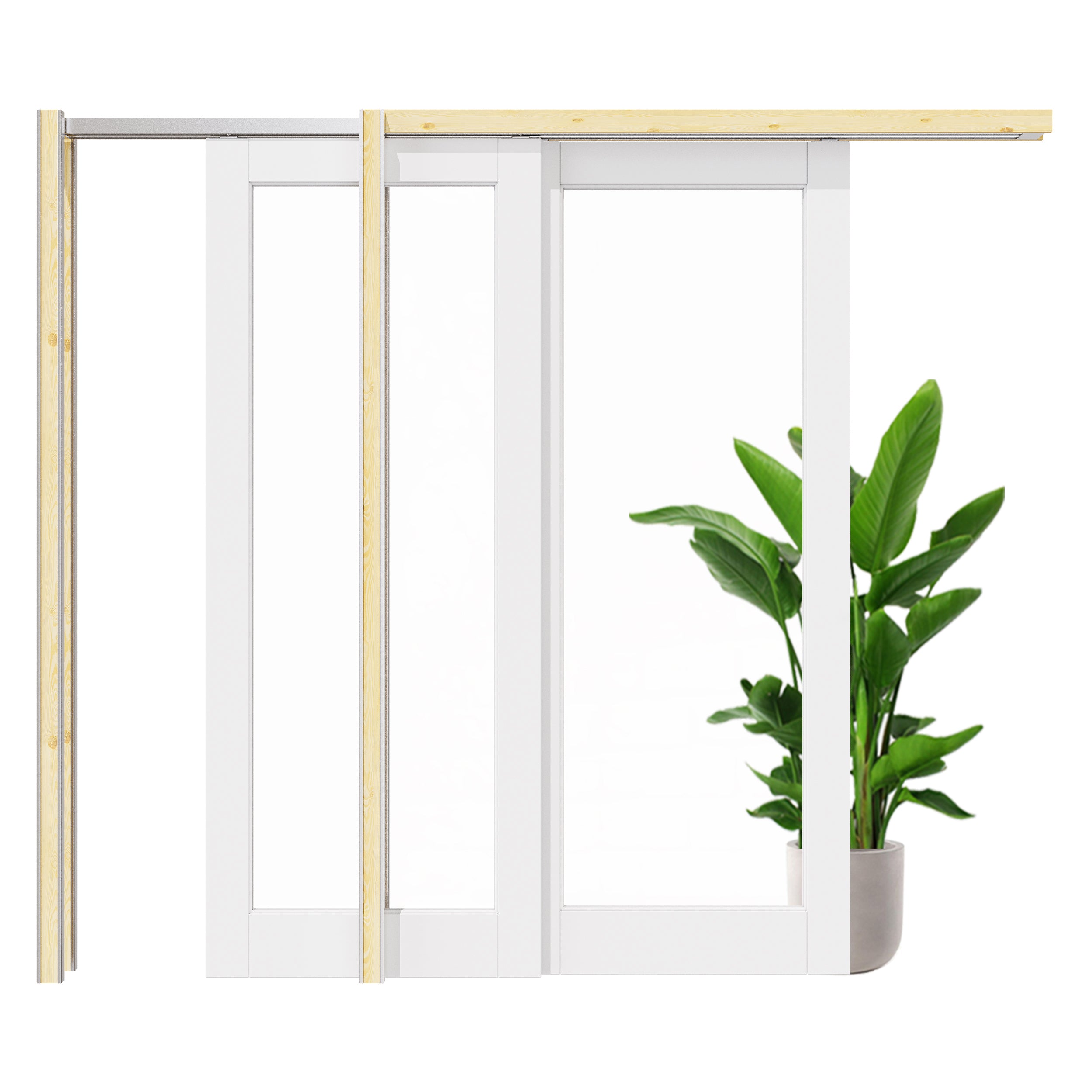 Ark Design 1 Lite Clear Glass Double Bypass Pocket Door with Hardware Kit & Soft Close & Frame, Solid Core MDF Wood & Paint-grade Finished, White