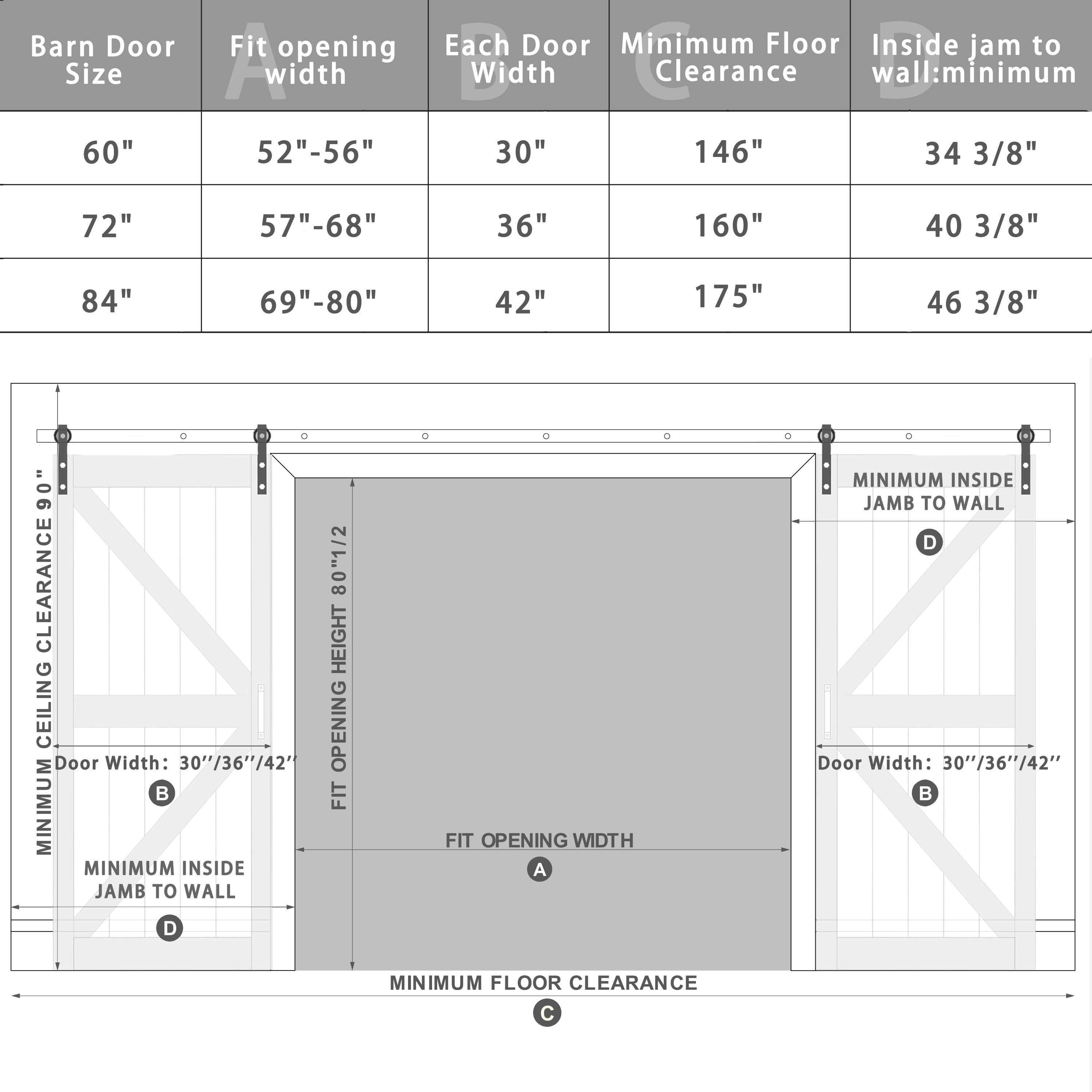 Ark Design Double Sliding Barn Door, Solid Pine Wood, K design, Unfinished, with Hardware Kit & Handle & Floor Guide