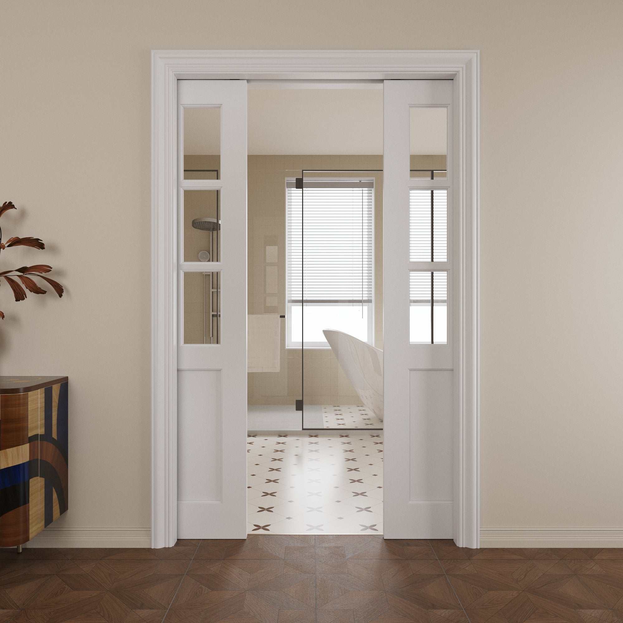 Ark Design 6-Lite Clear Glass Pocket Door with Hardware Kit & Soft Close & Frame, MDF Wood & Paint-grade Finished, White