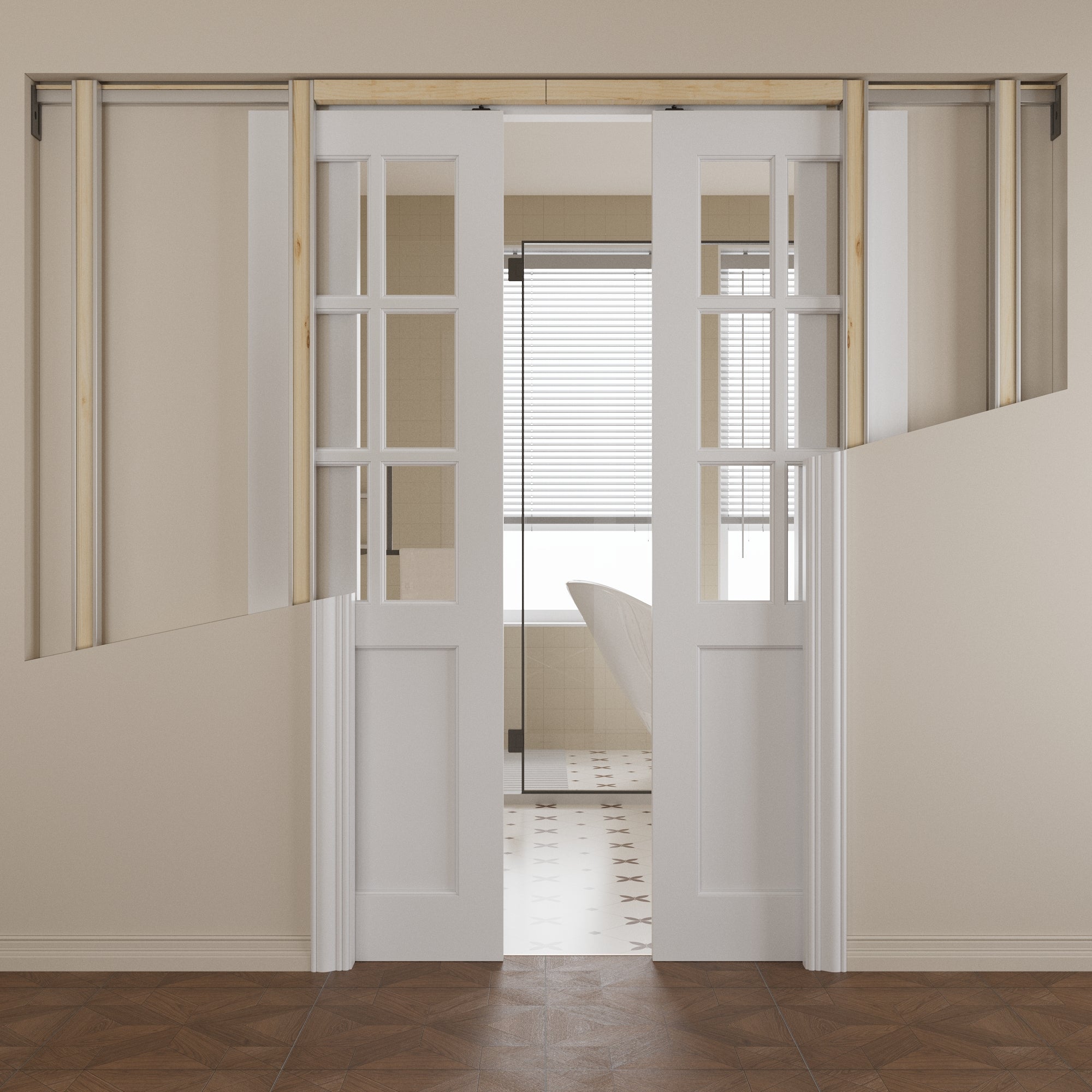 Ark Design 6-Lite Clear Glass Pocket Door with Hardware Kit & Soft Close & Frame, MDF Wood & Paint-grade Finished, White