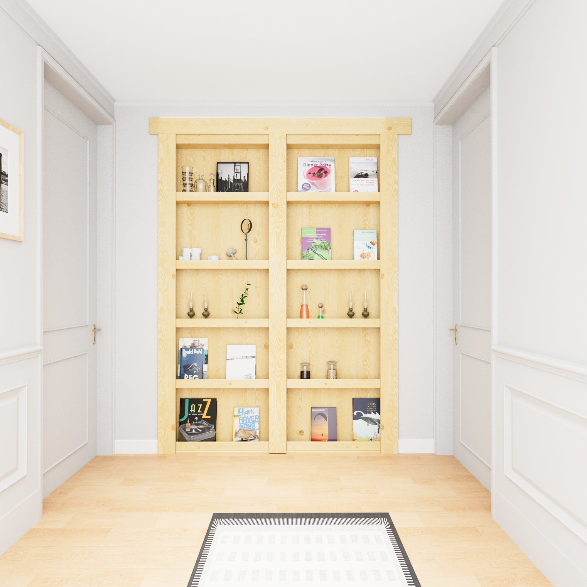 Ark Design Assembled Universal/Reversible Solid Core Unfinished Wood 4-Shelf Flush Mount Hidden Bookcase Door
