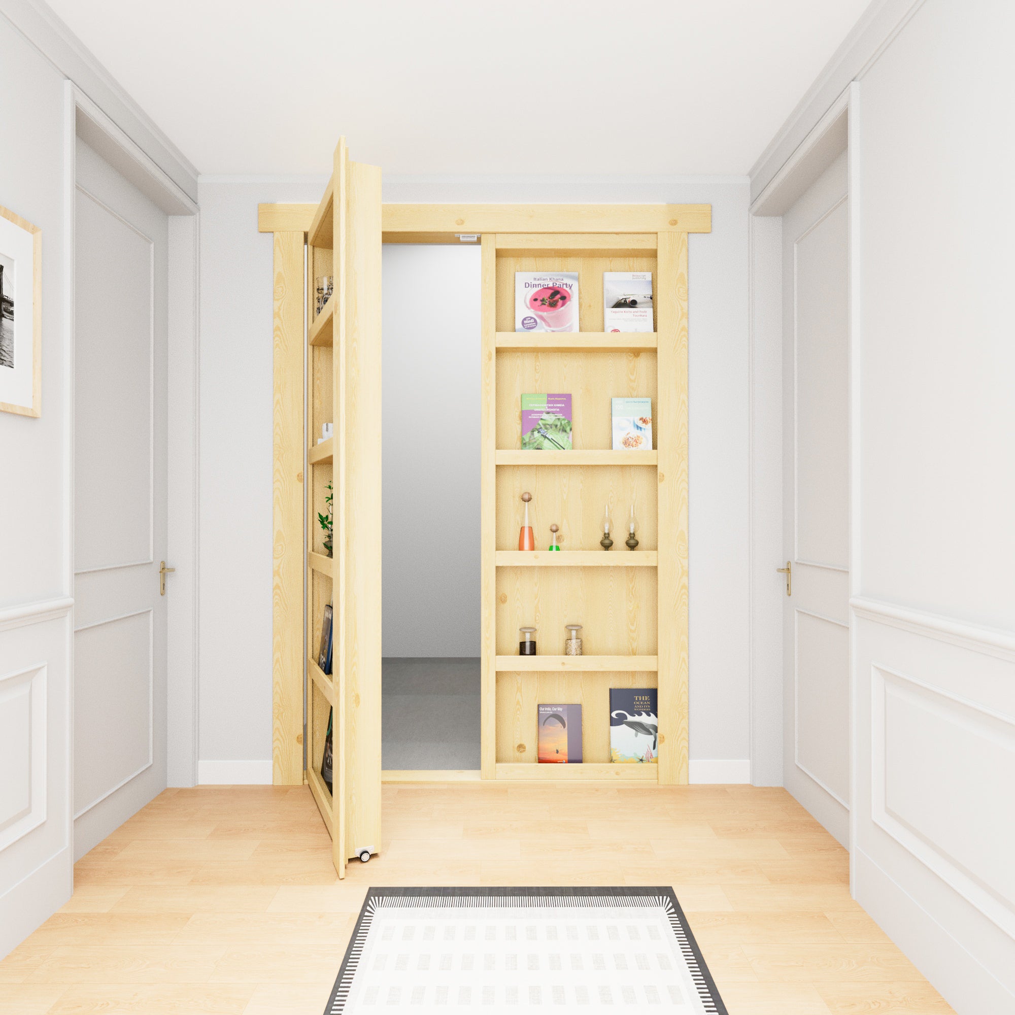 Ark Design Assembled Universal/Reversible Solid Core Unfinished Wood 4-Shelf Flush Mount Hidden Bookcase Door