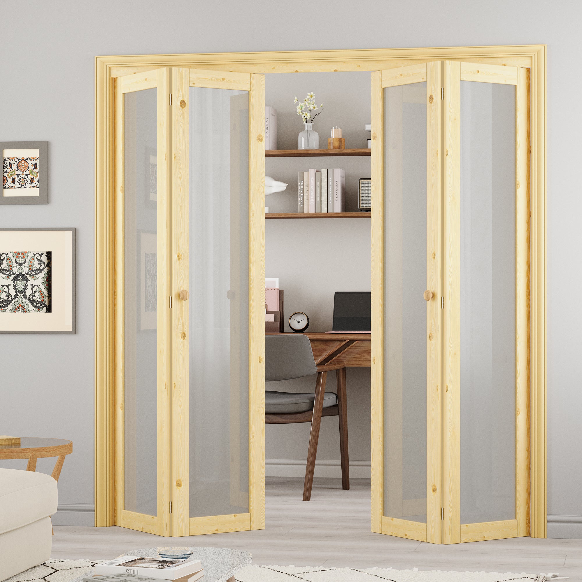 Ark Design 1-Lite Glass Solid Core Unfinished Pine Wood Interior Closet Bi-Fold Door with Hardware