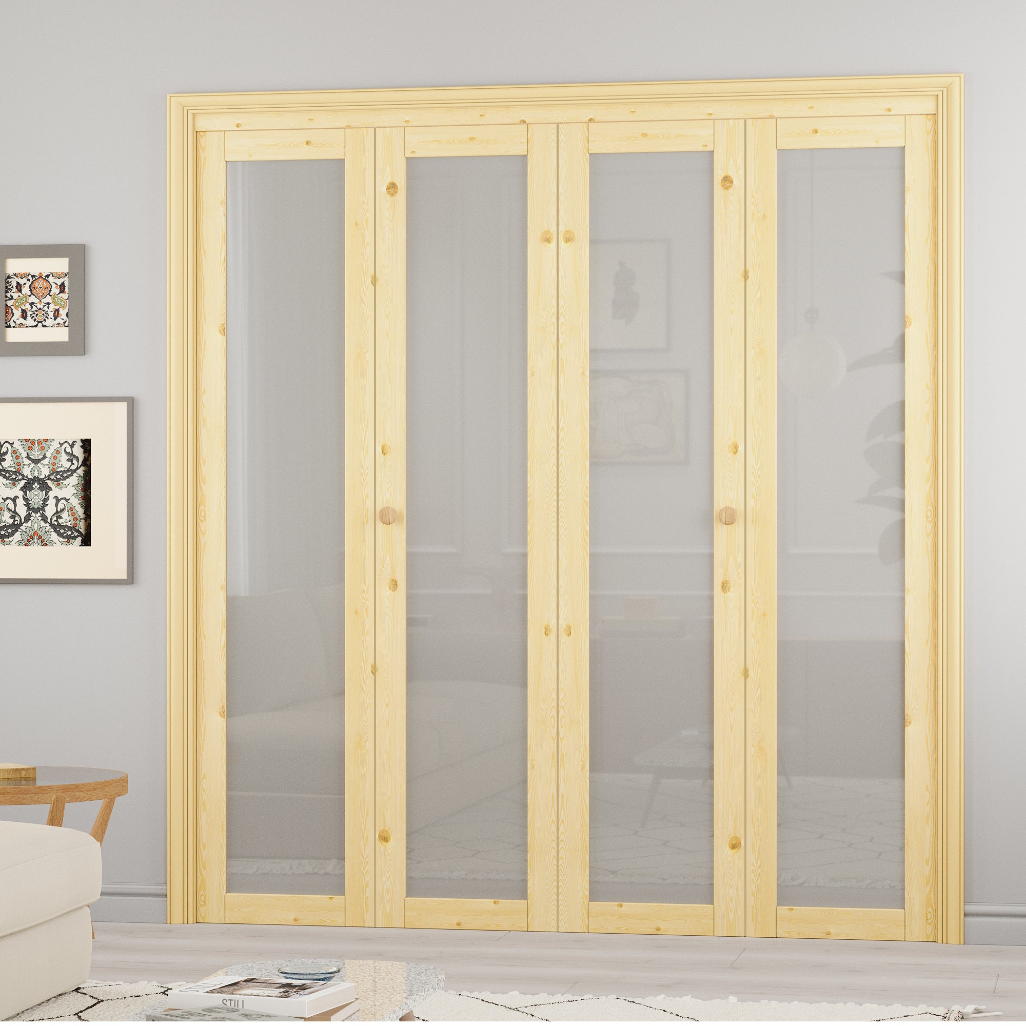 Ark Design 1-Lite Glass Solid Core Unfinished Pine Wood Interior Closet Bi-Fold Door with Hardware