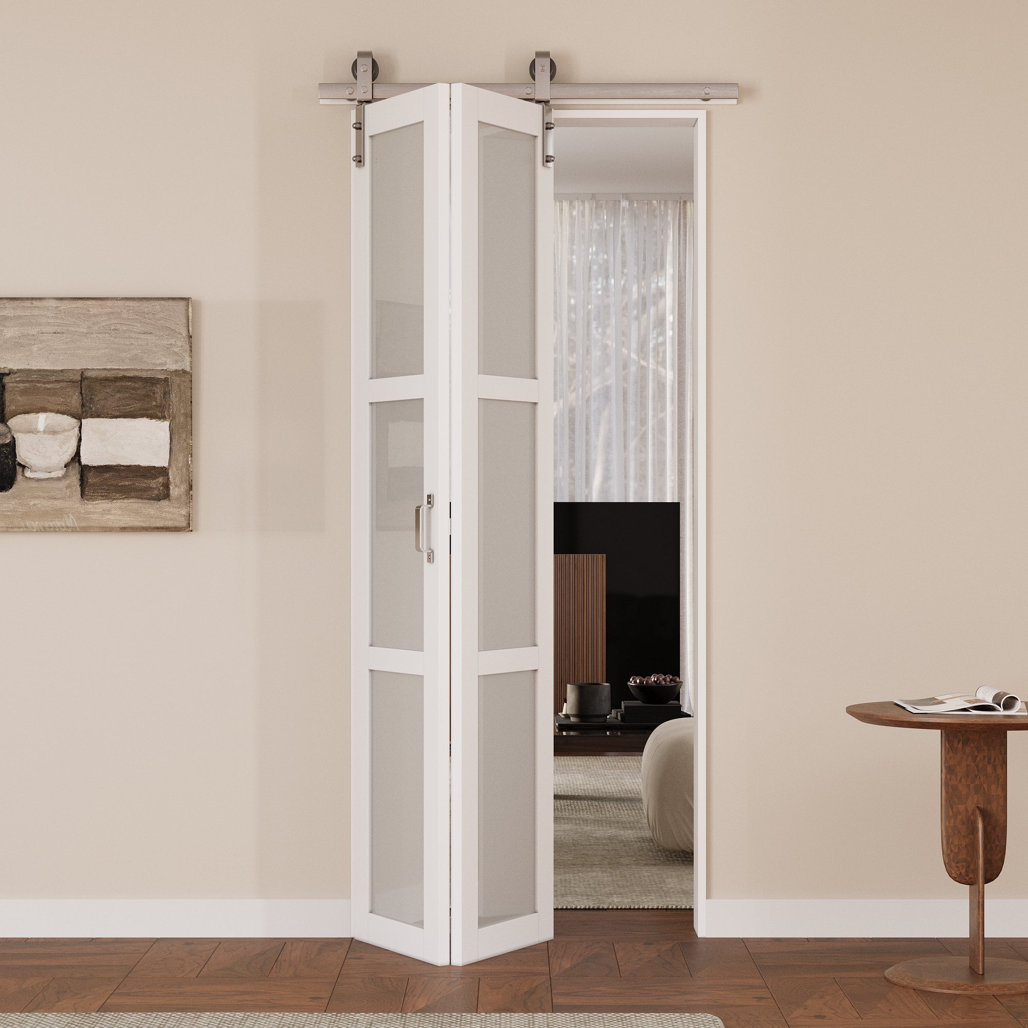 Ark Design 3-Lite Tempered Frosted Glass Nickel plating Bifold Barn Door with Hardware Kit & Handle, Solid Core MDF Wood &Prefinished, White