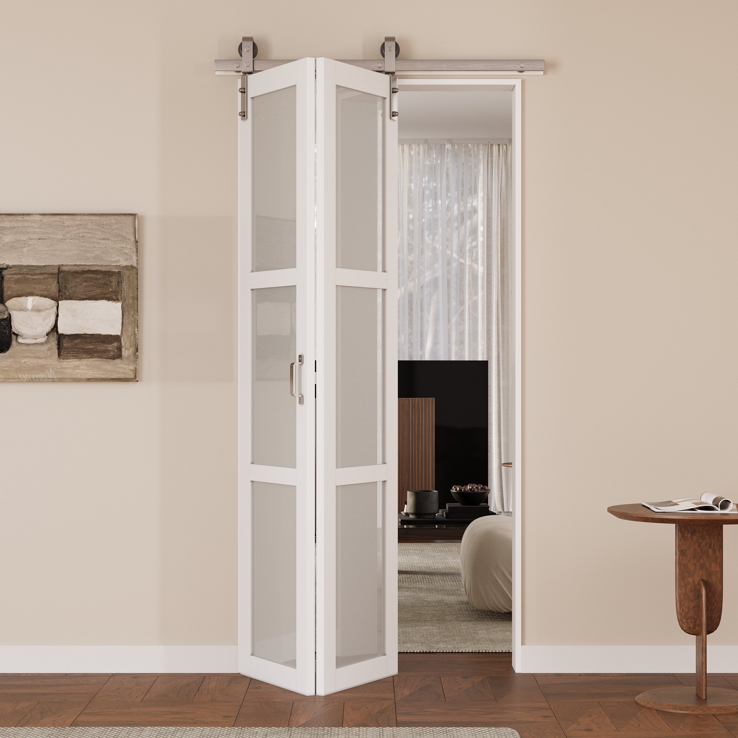 Ark Design 3-Lite Tempered Frosted Glass Nickel plating Bifold Barn Door with Hardware Kit & Handle, Solid Core MDF Wood &Prefinished, White