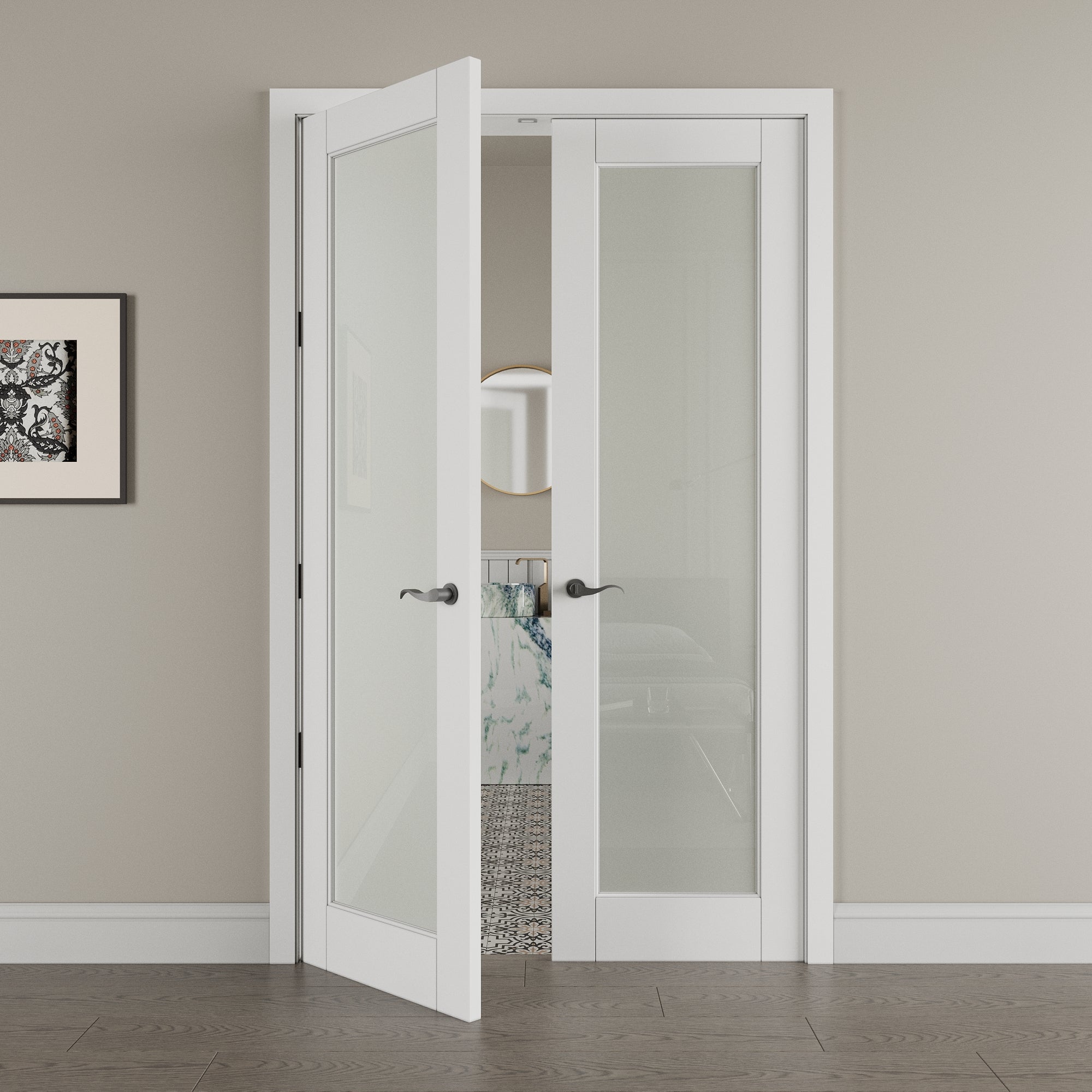 Ark Design 1-Lite Frosted Glass White Solid Core Double Prehung French Door with Ready-to-Assemble Jamb