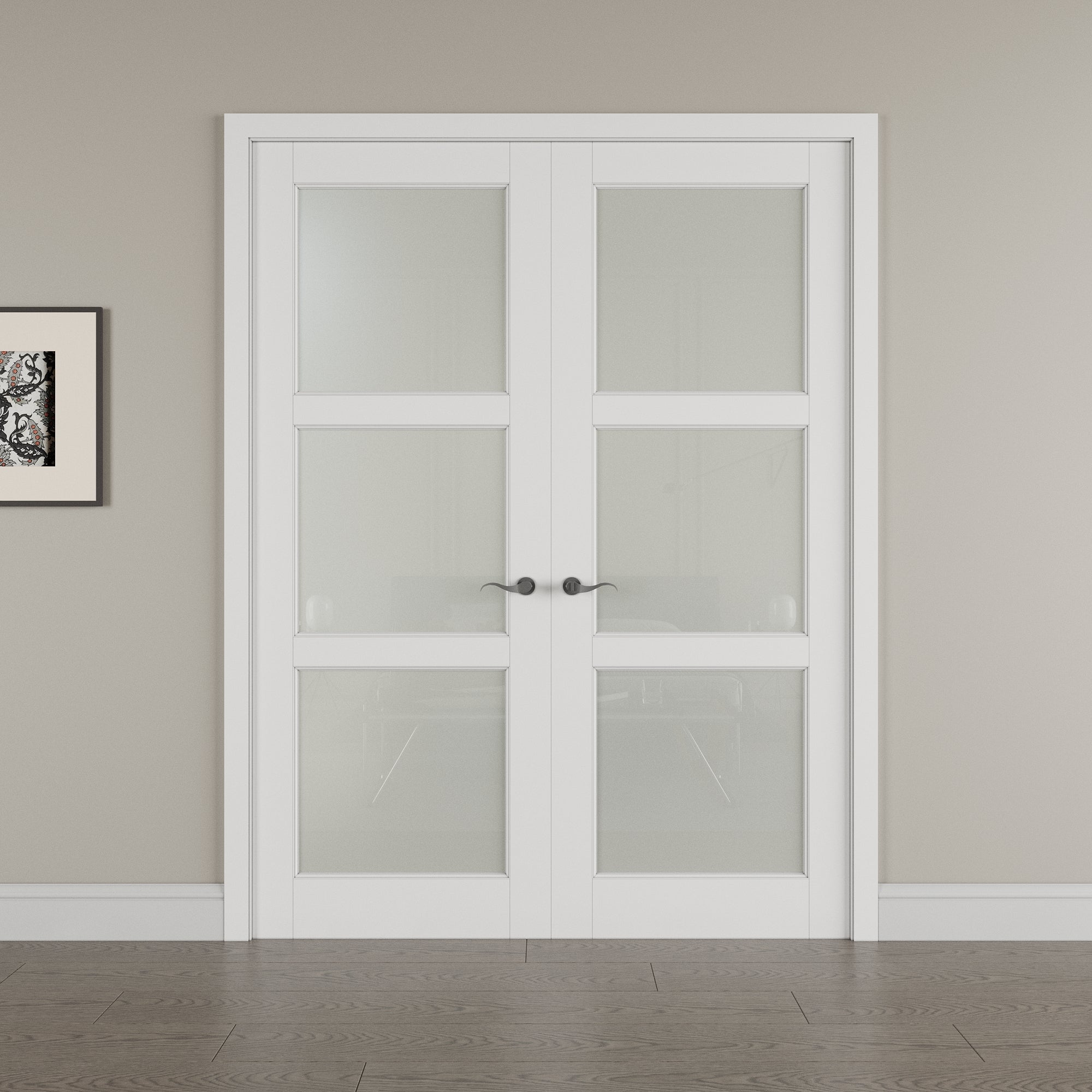 Ark Design 3 Lite Frosted Glass White Solid Core Double Prehung French Door with Ready-to-Assemble Jamb