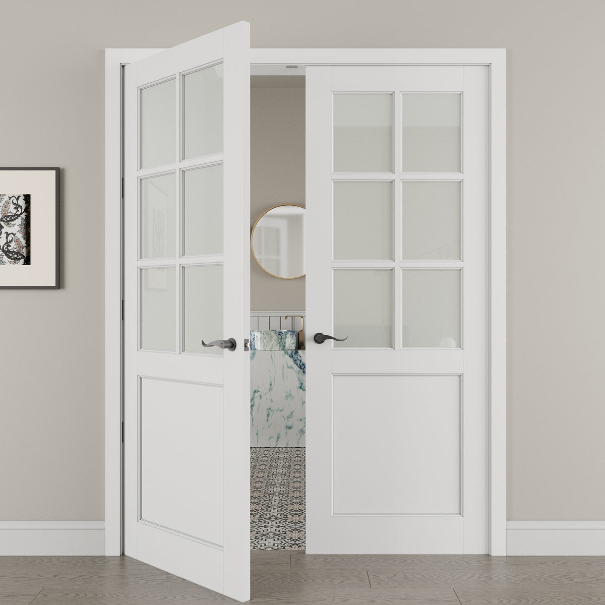 6-Lite Frosted Glass French Door with Hardware Kit, Solid Core MDF Wood ...