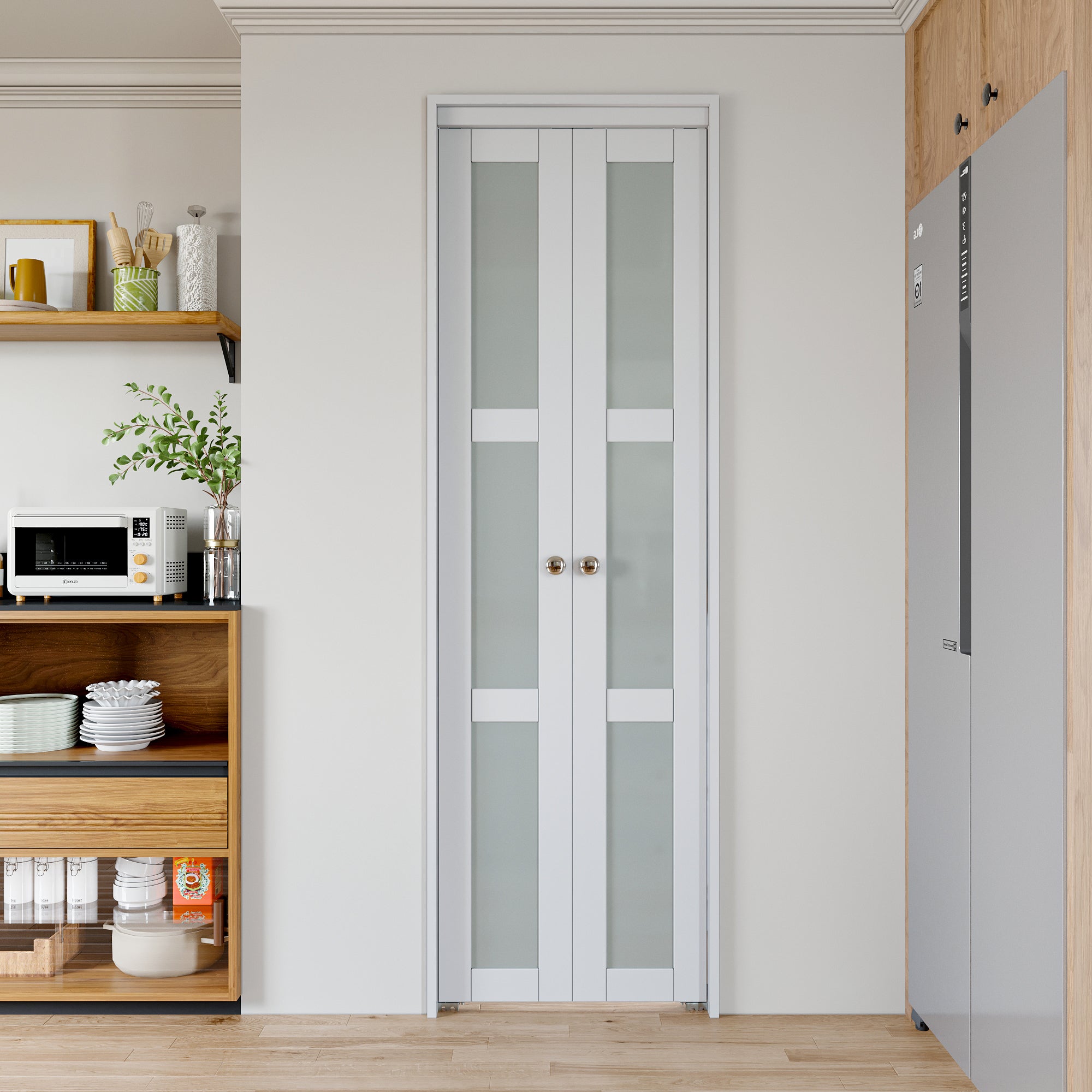 [Two Hardware Kits & Paintable] Ark Design 3-Lite Tempered Frosted Glass Closet  Pivot Door with Hardware Kit & Knob, Solid Core MDF Wood & Prefinished & Paintable Surface, White