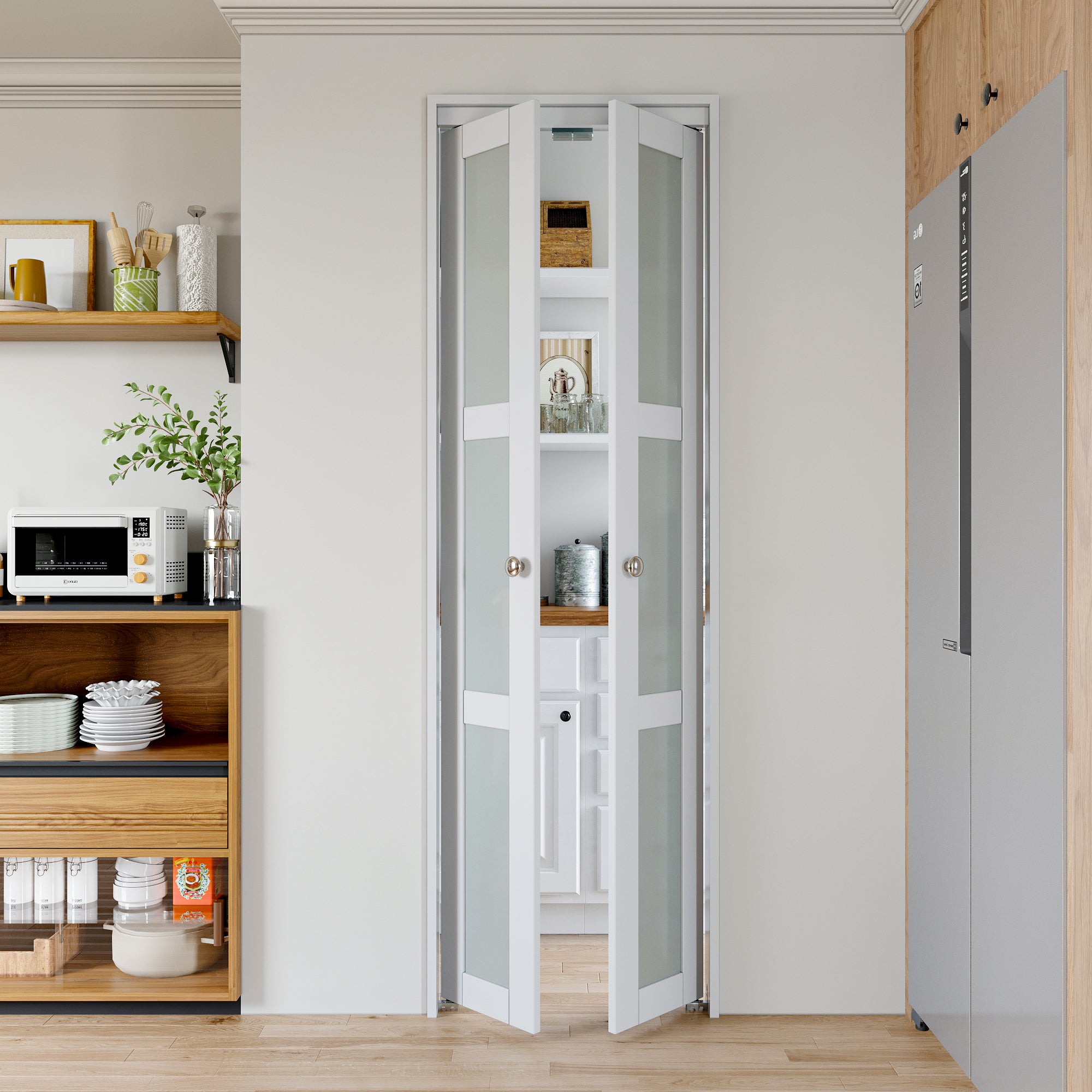 [Two Hardware Kits & Paintable] Ark Design 3-Lite Tempered Frosted Glass Closet  Pivot Door with Hardware Kit & Knob, Solid Core MDF Wood & Prefinished & Paintable Surface, White