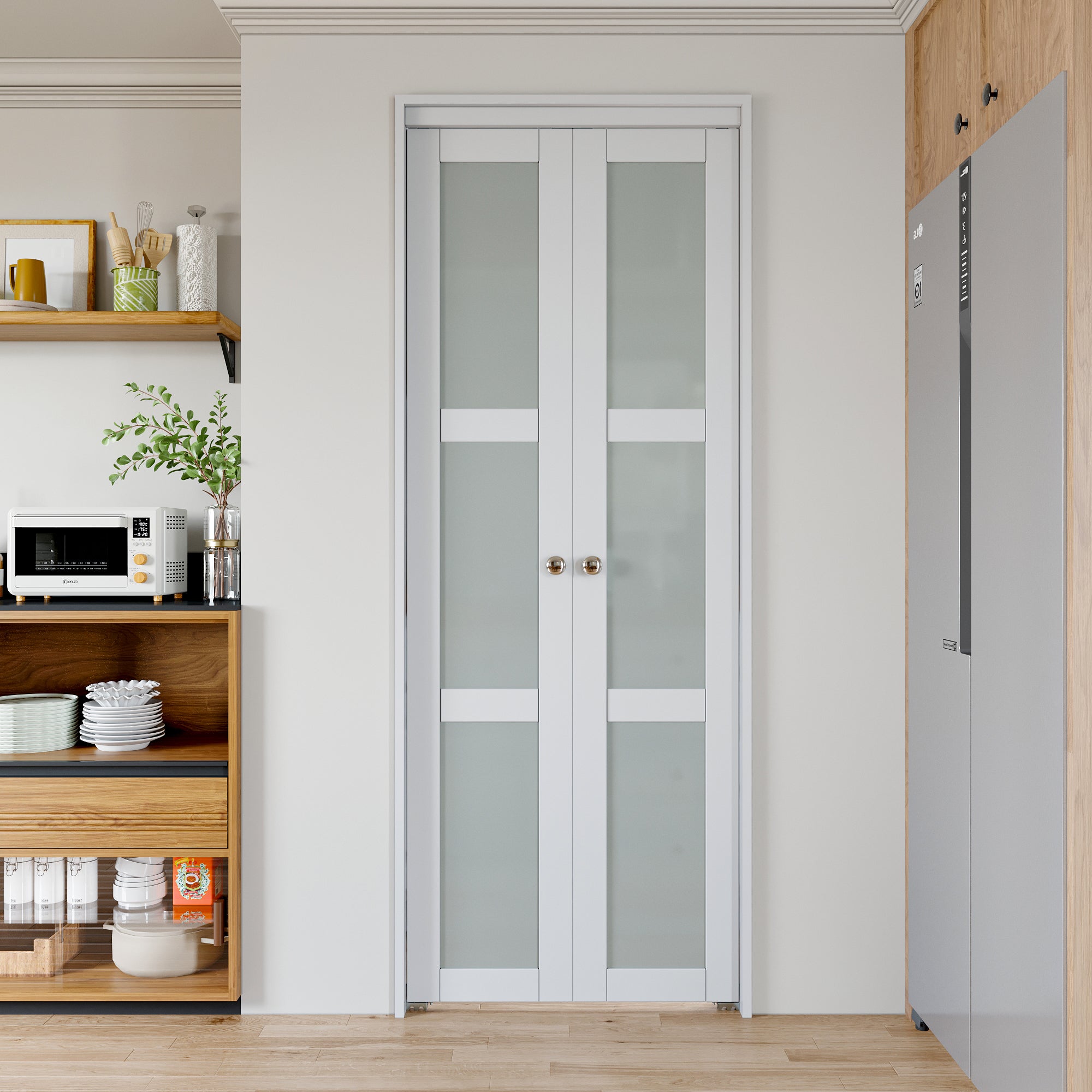 [Two Hardware Kits & Paintable] Ark Design 3-Lite Tempered Frosted Glass Closet  Pivot Door with Hardware Kit & Knob, Solid Core MDF Wood & Prefinished & Paintable Surface, White