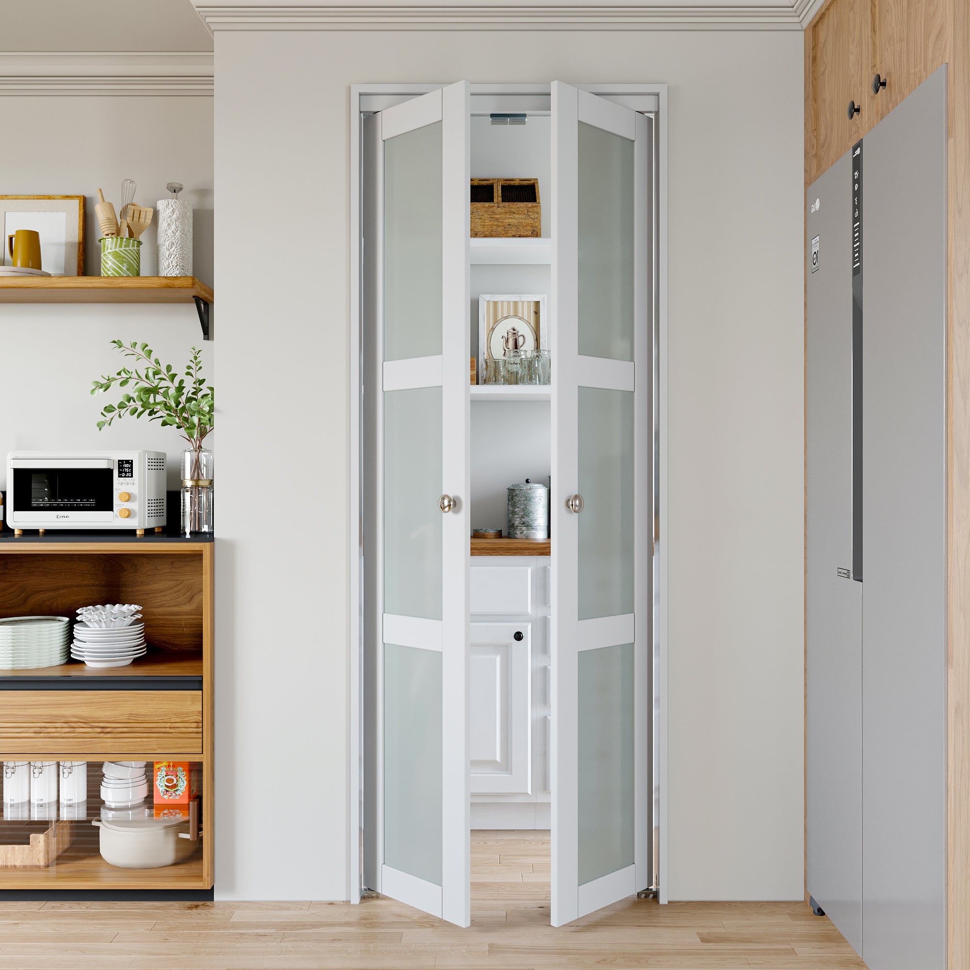 [Two Hardware Kits & Paintable] Ark Design 3-Lite Tempered Frosted Glass Closet  Pivot Door with Hardware Kit & Knob, Solid Core MDF Wood & Prefinished & Paintable Surface, White