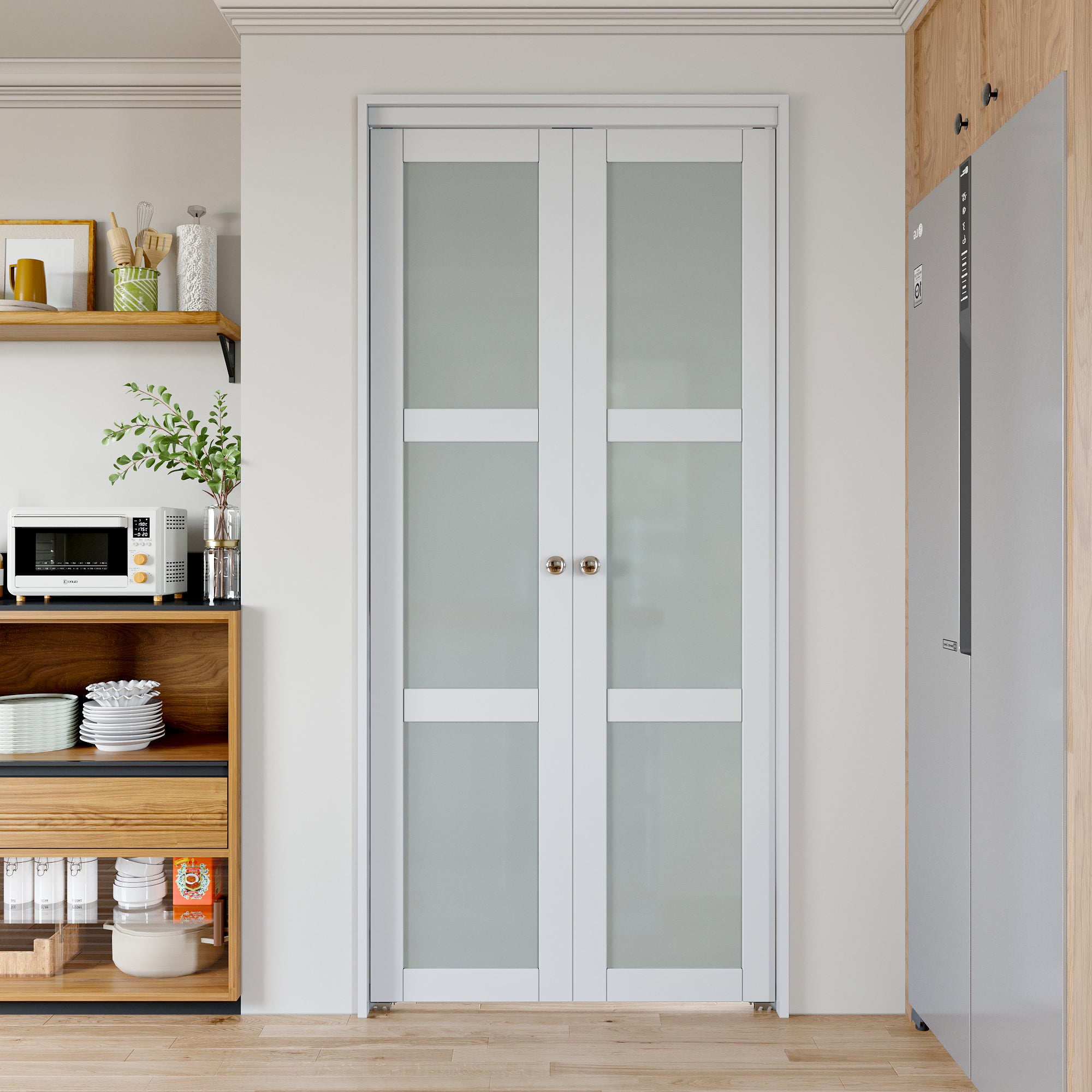 [Two Hardware Kits & Paintable] Ark Design 3-Lite Tempered Frosted Glass Closet  Pivot Door with Hardware Kit & Knob, Solid Core MDF Wood & Prefinished & Paintable Surface, White