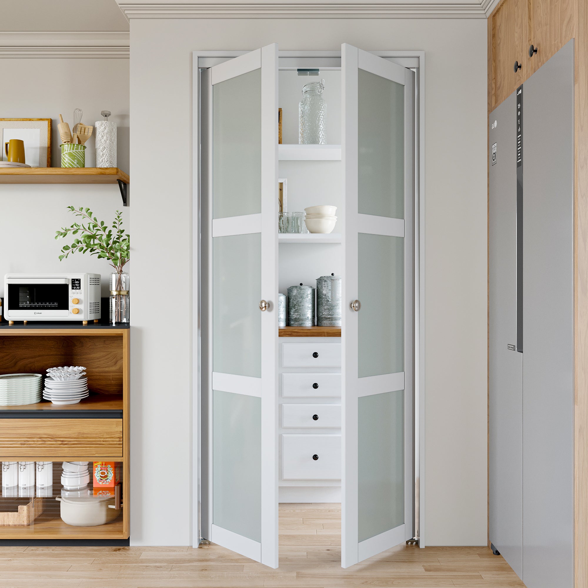 [Two Hardware Kits & Paintable] Ark Design 3-Lite Tempered Frosted Glass Closet  Pivot Door with Hardware Kit & Knob, Solid Core MDF Wood & Prefinished & Paintable Surface, White