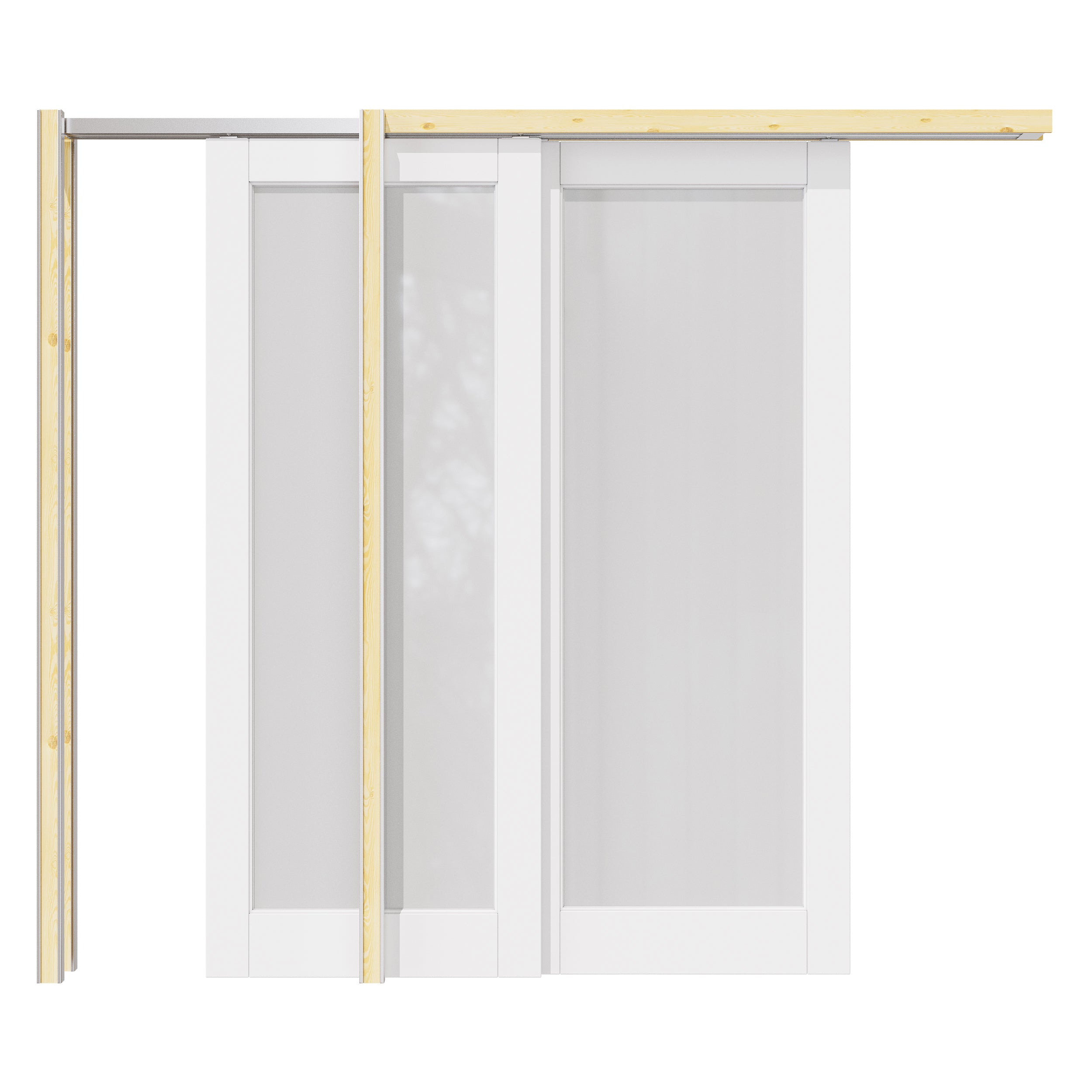 Ark Design 1 lite Frosted Glass Double Bypass Pocket Door with Hardware Kit & Soft Close & Frame, Solid Core MDF Wood & Paint-grade Finished, White