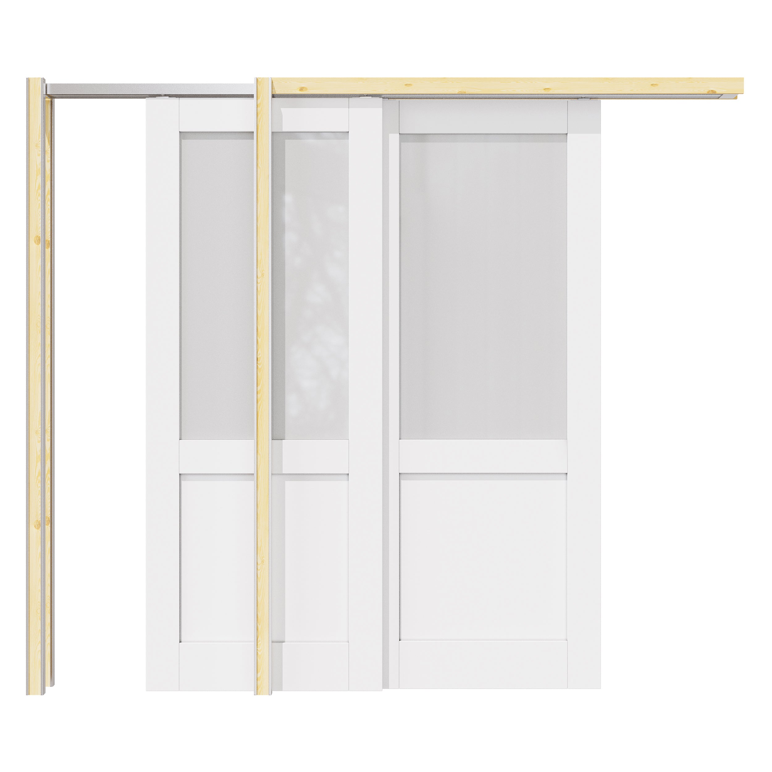 Ark Design Half Lite Frosted Glass Double Bypass Pocket Door with Hardware Kit & Soft Close & Frame, Solid Core MDF Wood & Paint-grade Finished, White