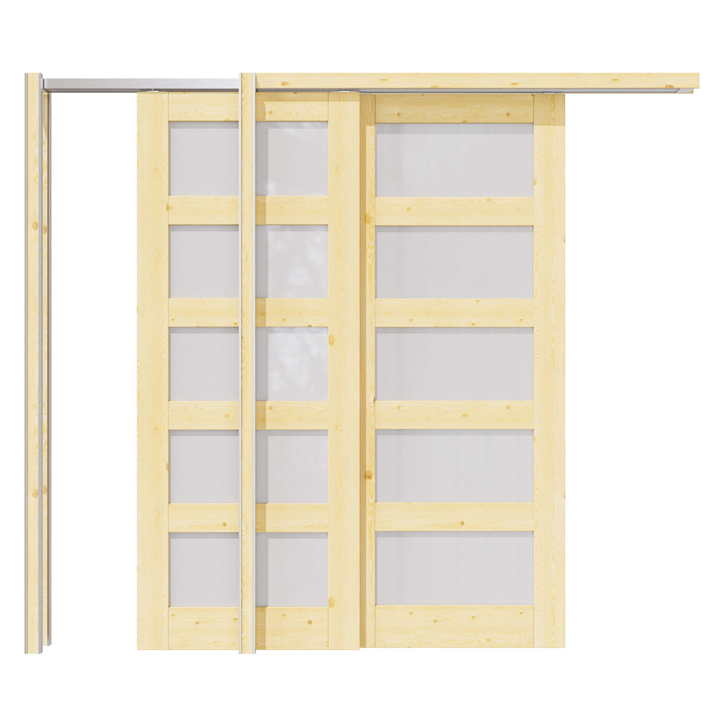 Ark Design 5 Lite Frosted Glass Double Bypass Pocket Door with Hardware Kit & Soft Close & Frame, Pine Wood & Paint-grade Finished