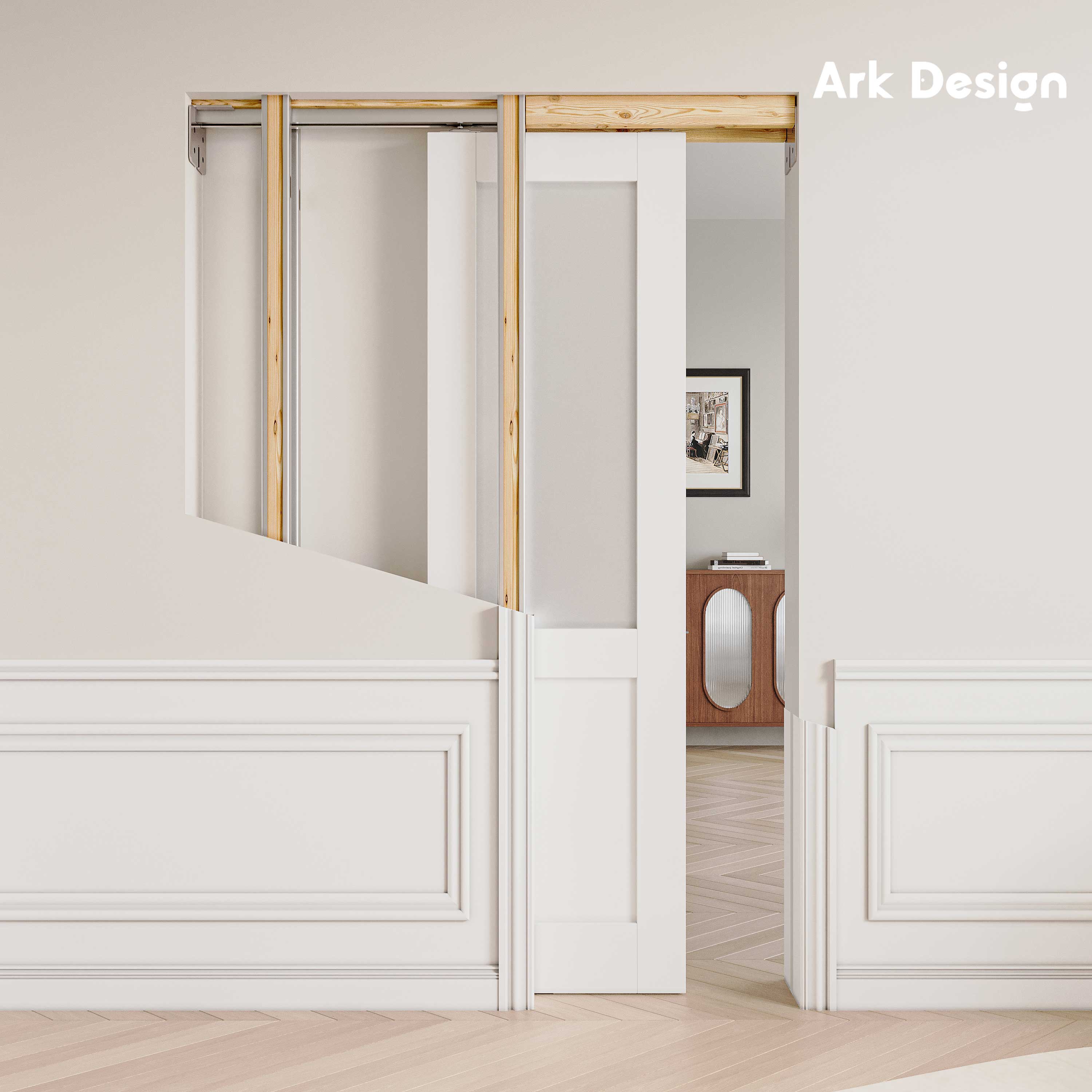 Ark Design Half Lite Tempered Frosted Glass Pocket Door with Hardware Kit & Frame, Solid Core MDF Wood & Paint-grade Finished, White
