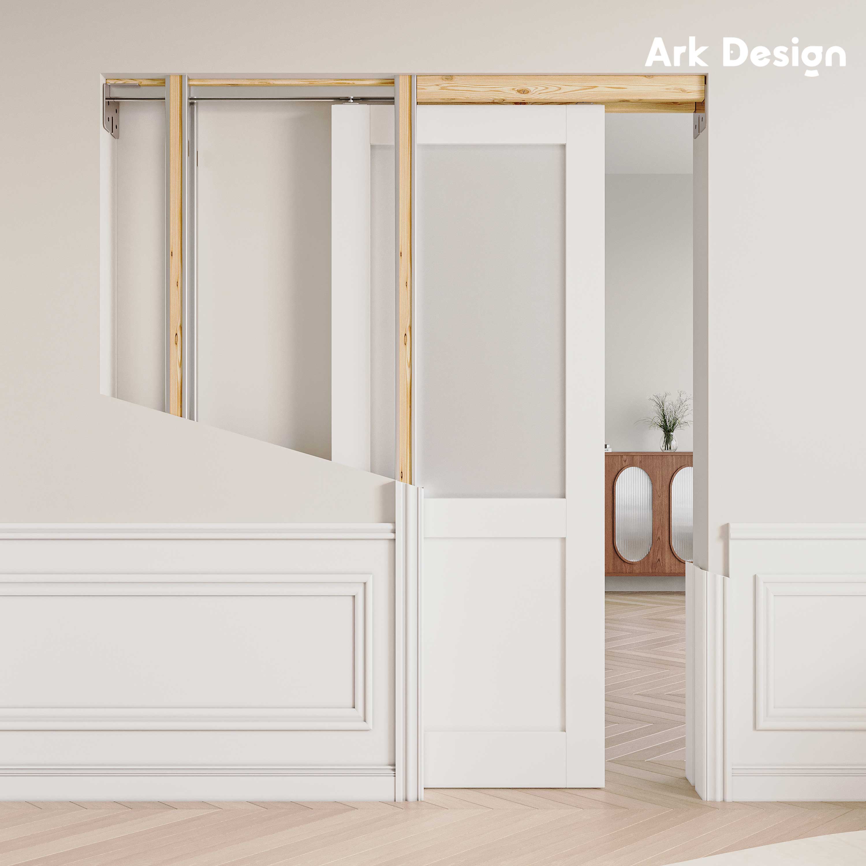 Ark Design Half Lite Tempered Frosted Glass Pocket Door with Hardware Kit & Frame, Solid Core MDF Wood & Paint-grade Finished, White