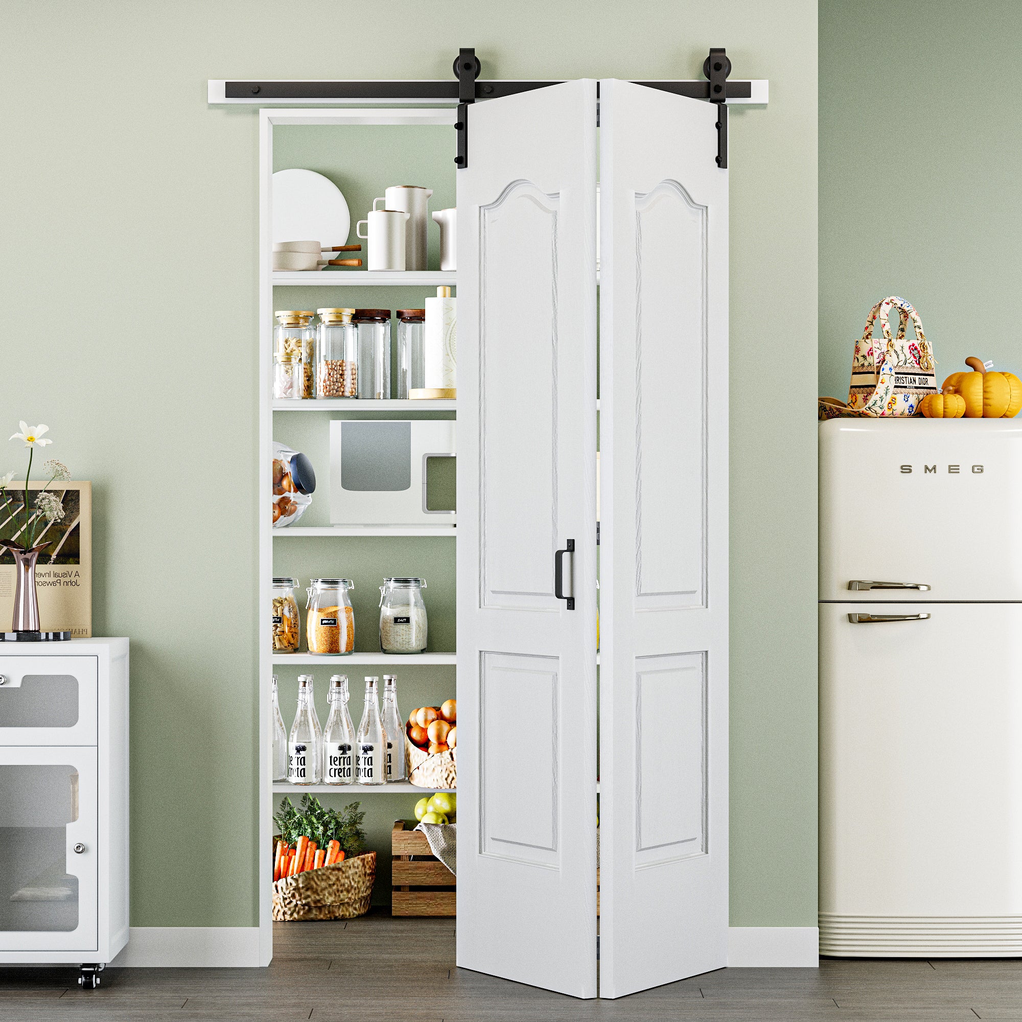 Ark Design Hollow Paneled 2-Lite Arch White Primed MDF Composite Bi-fold Sliding Barn Door with Hardware Kit and Handle