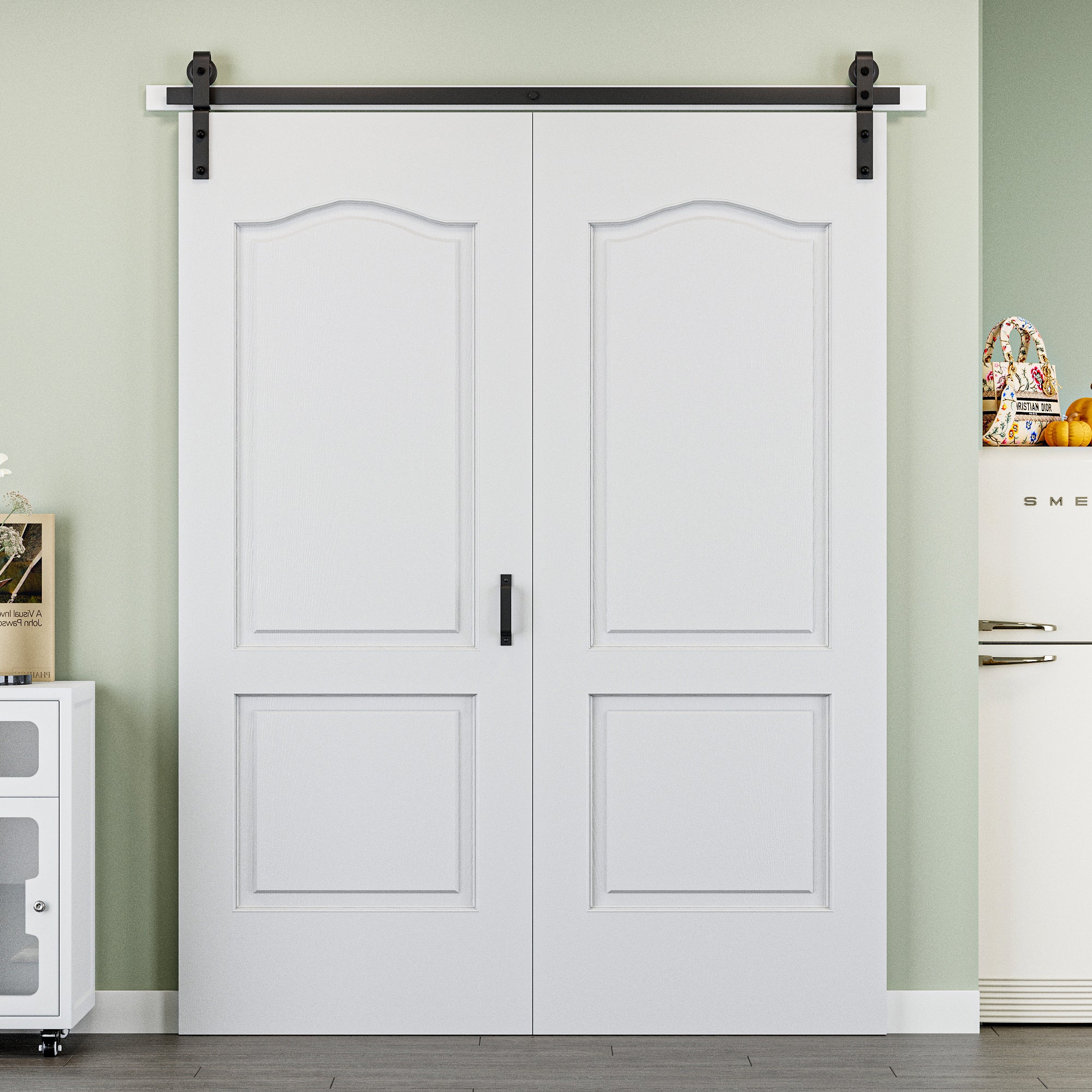 Ark Design Hollow Paneled 2-Lite Arch White Primed MDF Composite Bi-fold Sliding Barn Door with Hardware Kit and Handle