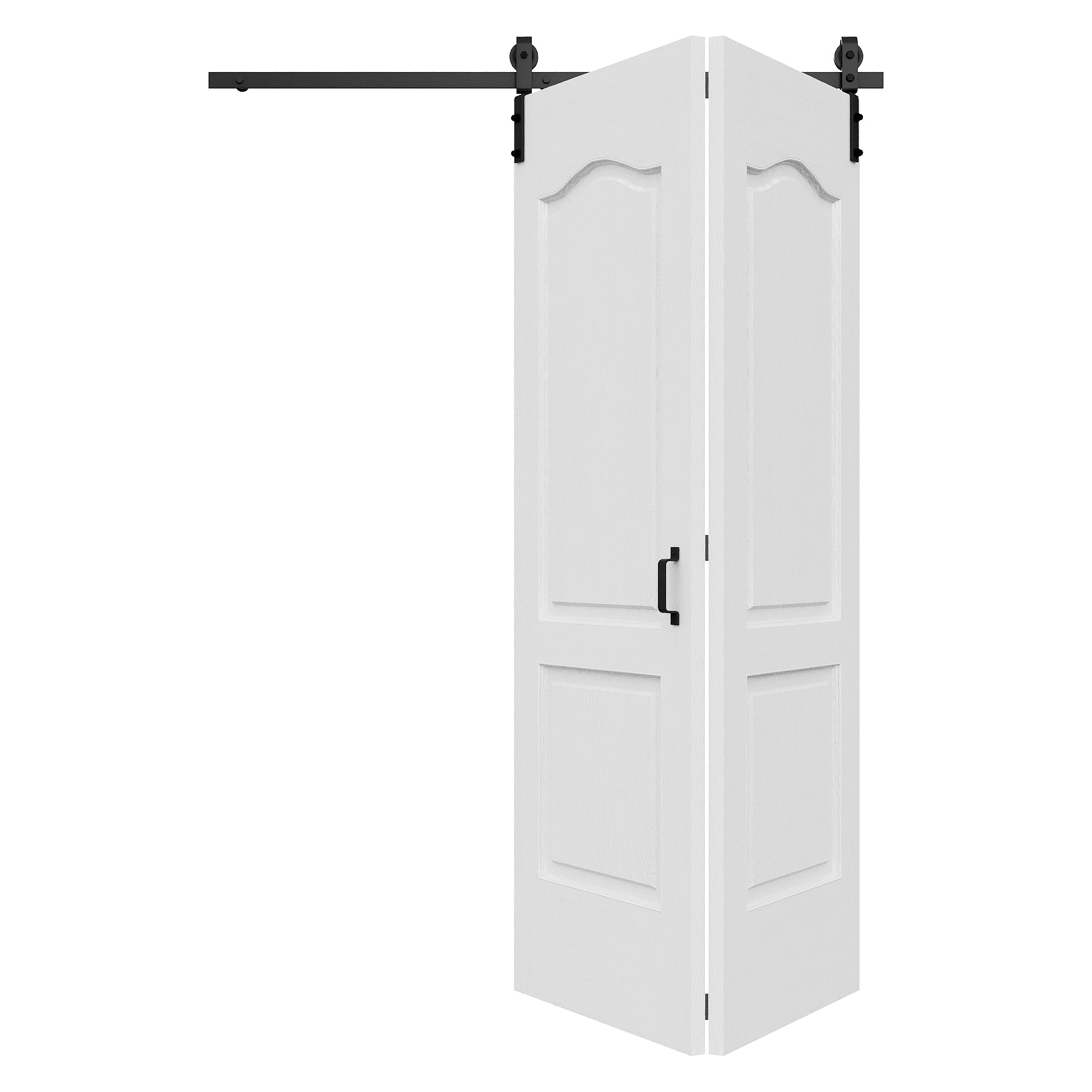 Ark Design Hollow Paneled 2-Lite Arch White Primed MDF Composite Bi-fold Sliding Barn Door with Hardware Kit and Handle